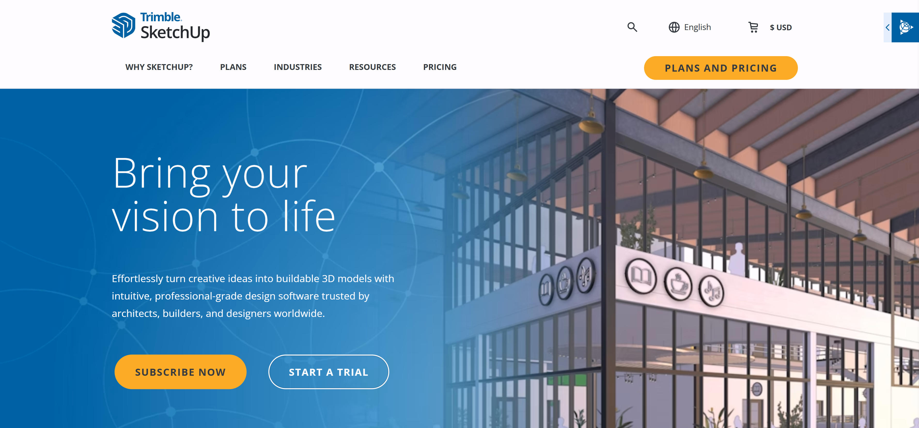 SketchUp 3D建模工具界面，展示直观的推拉建模和建筑设计功能