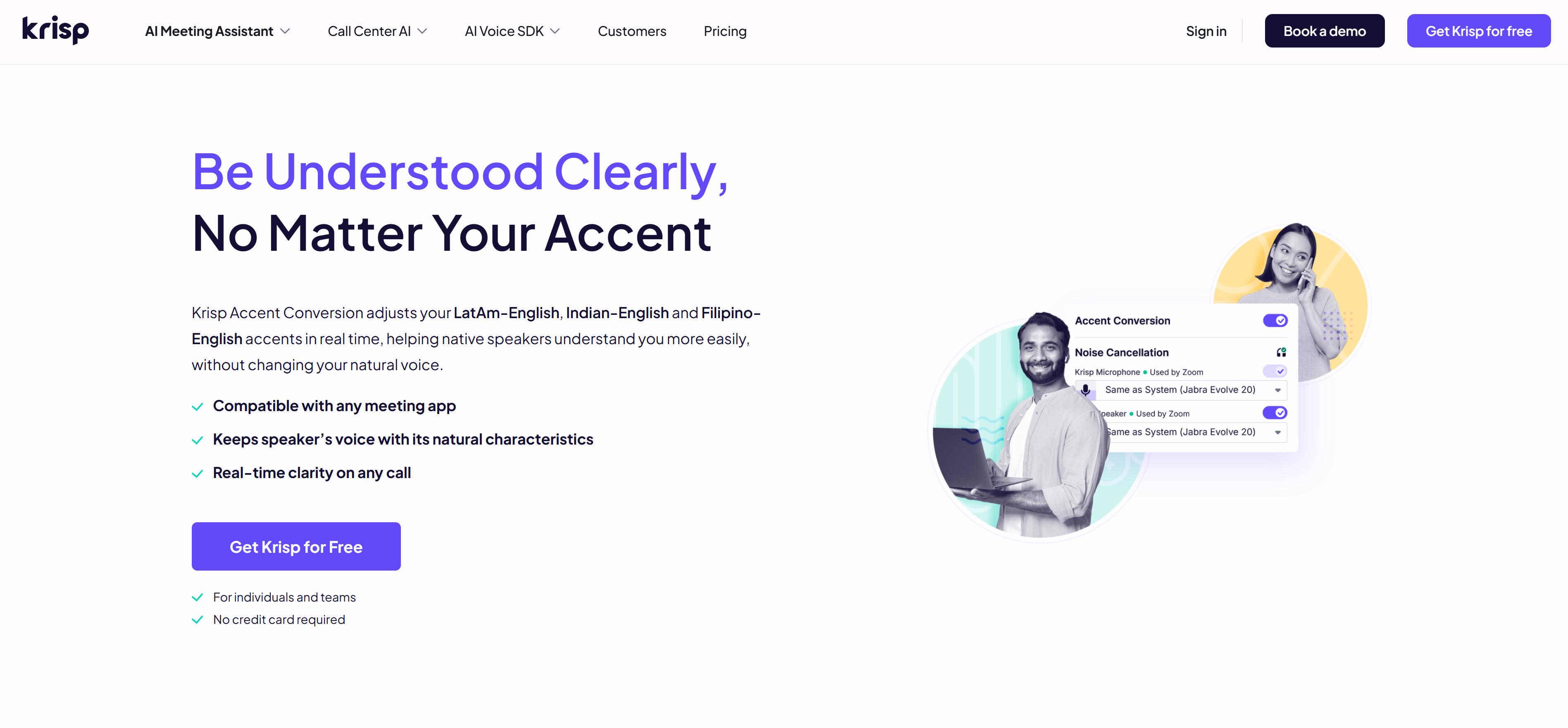 Krisp AI口音转换工具界面，展示实时口音调整和语音清晰度提升功能