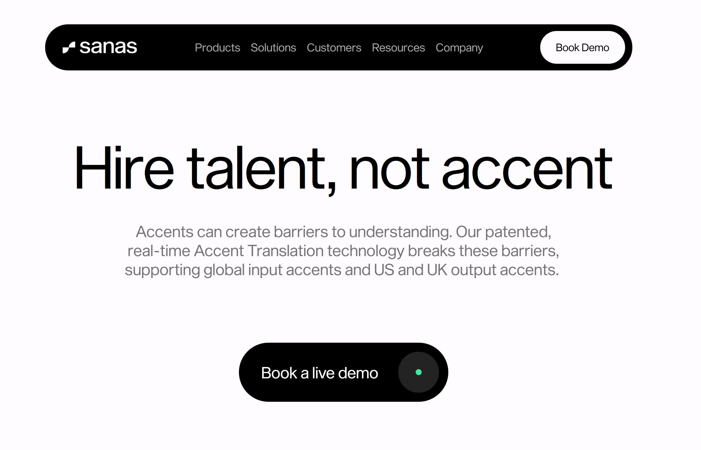 Sanas 企业级口音转换工具界面，展示实时口音转换和噪音消除功能