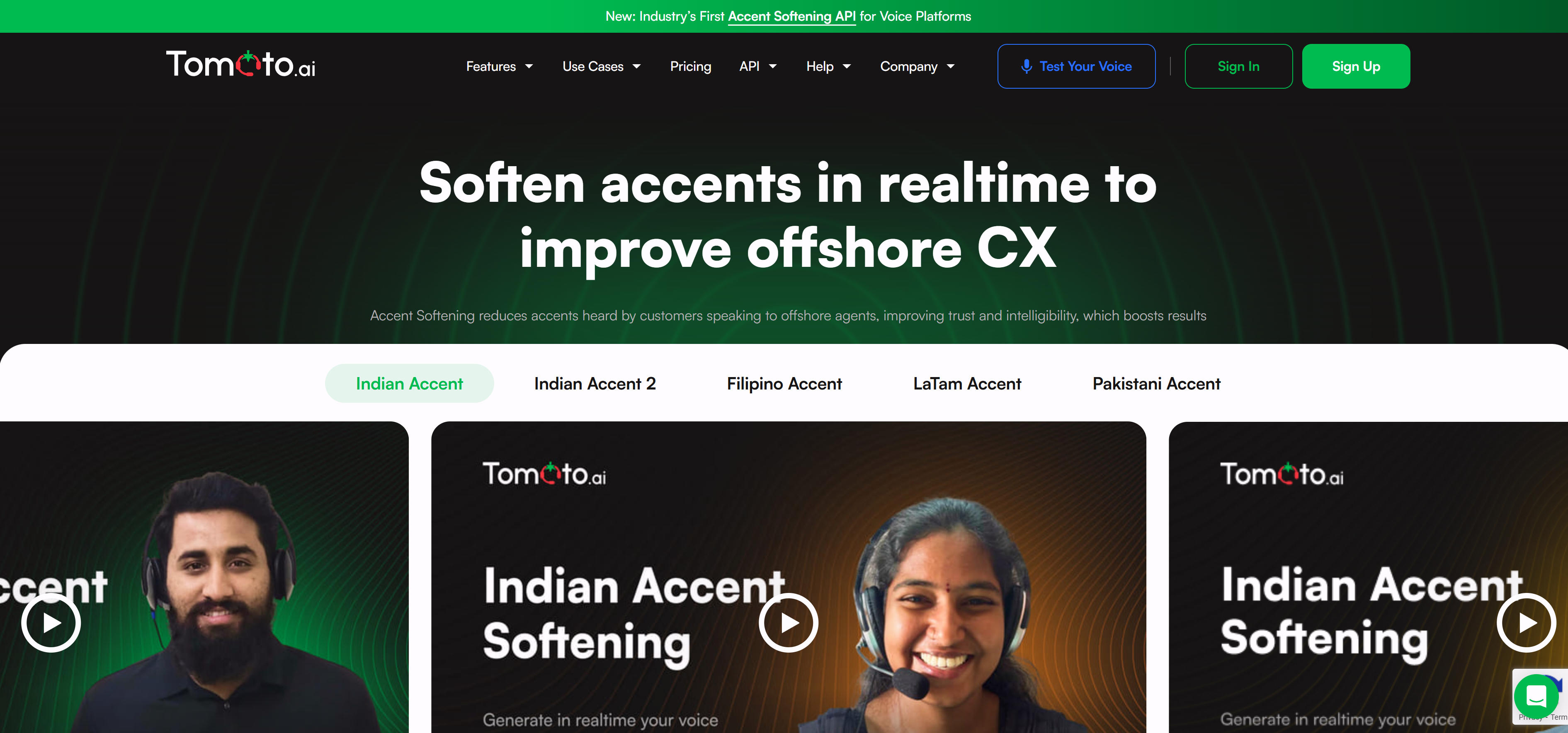 Tomato.ai 呼叫中心口音消除工具界面，展示实时口音转换和语音清晰度提升功能