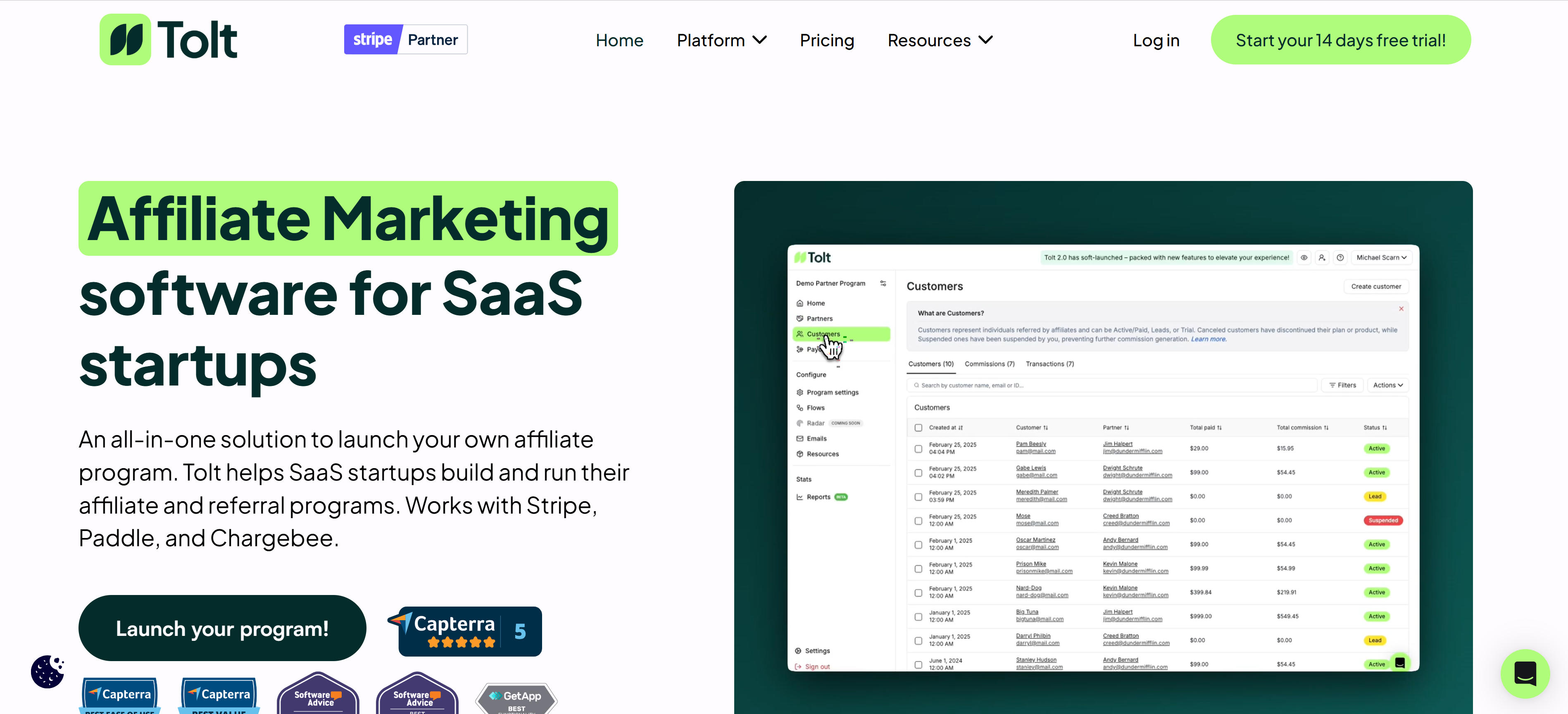 Tolt affiliate marketing platform interface showing simple setup and commission tracking