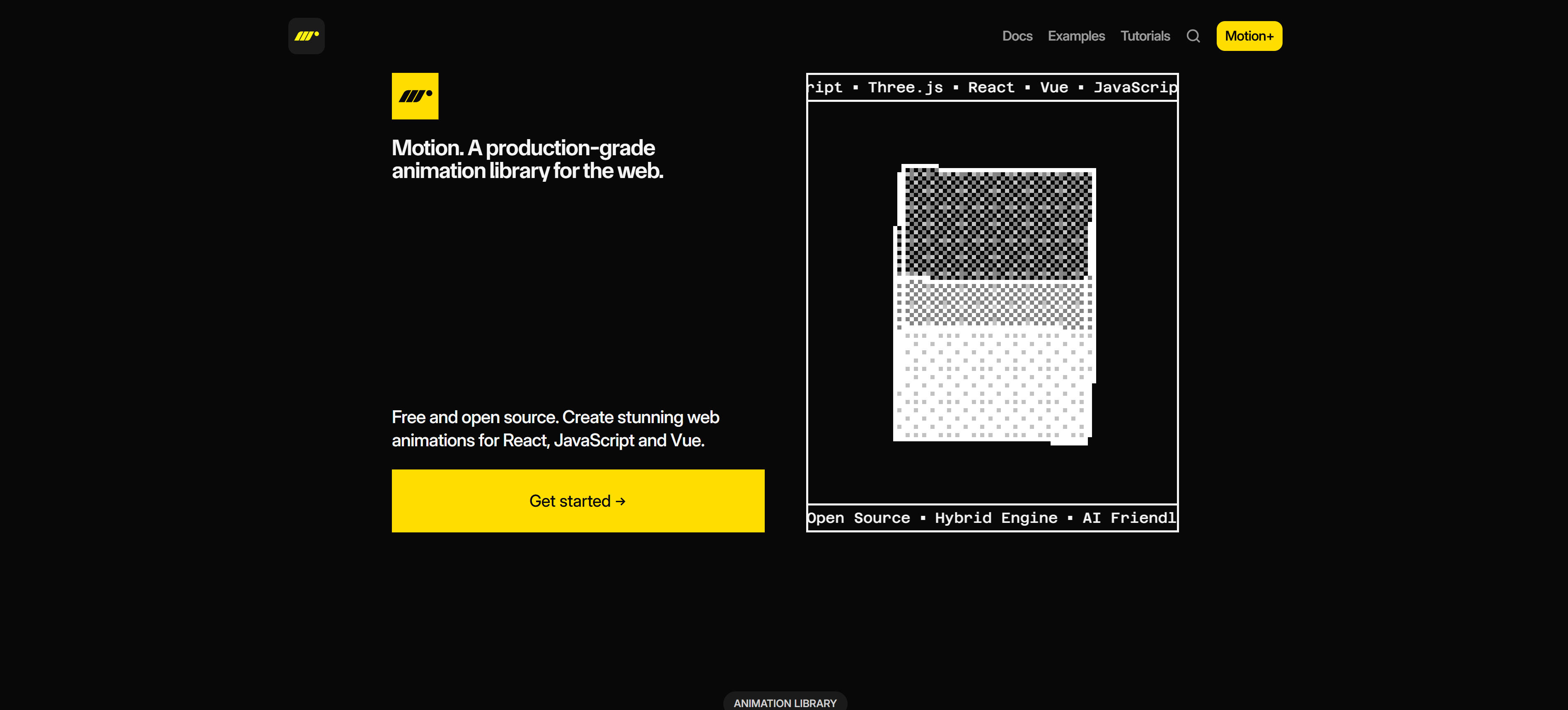 Motion animation library interface showing React-first declarative API, scroll animations, and gesture interactions for modern web development