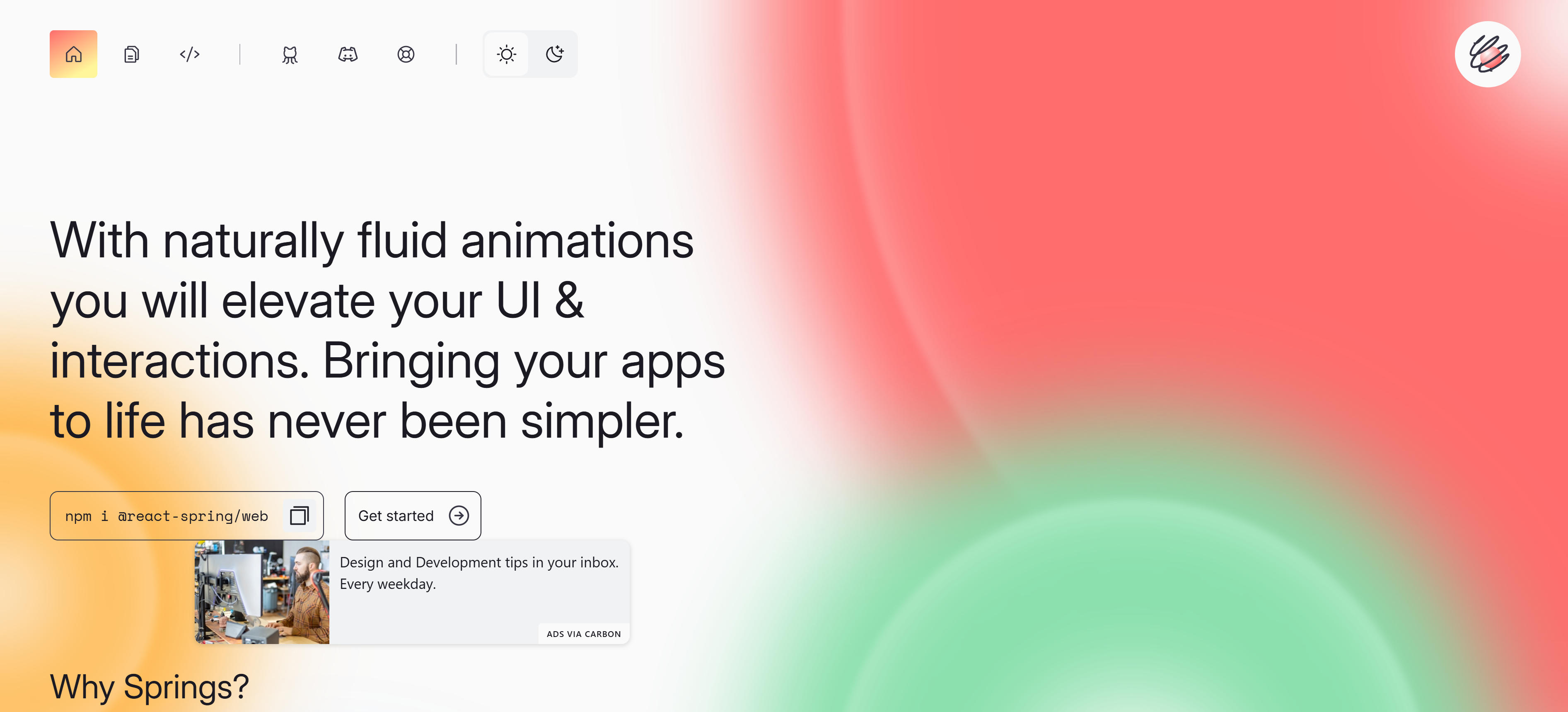 React Spring physics-based animation library interface showing spring animations, React Hooks integration, and natural motion effects