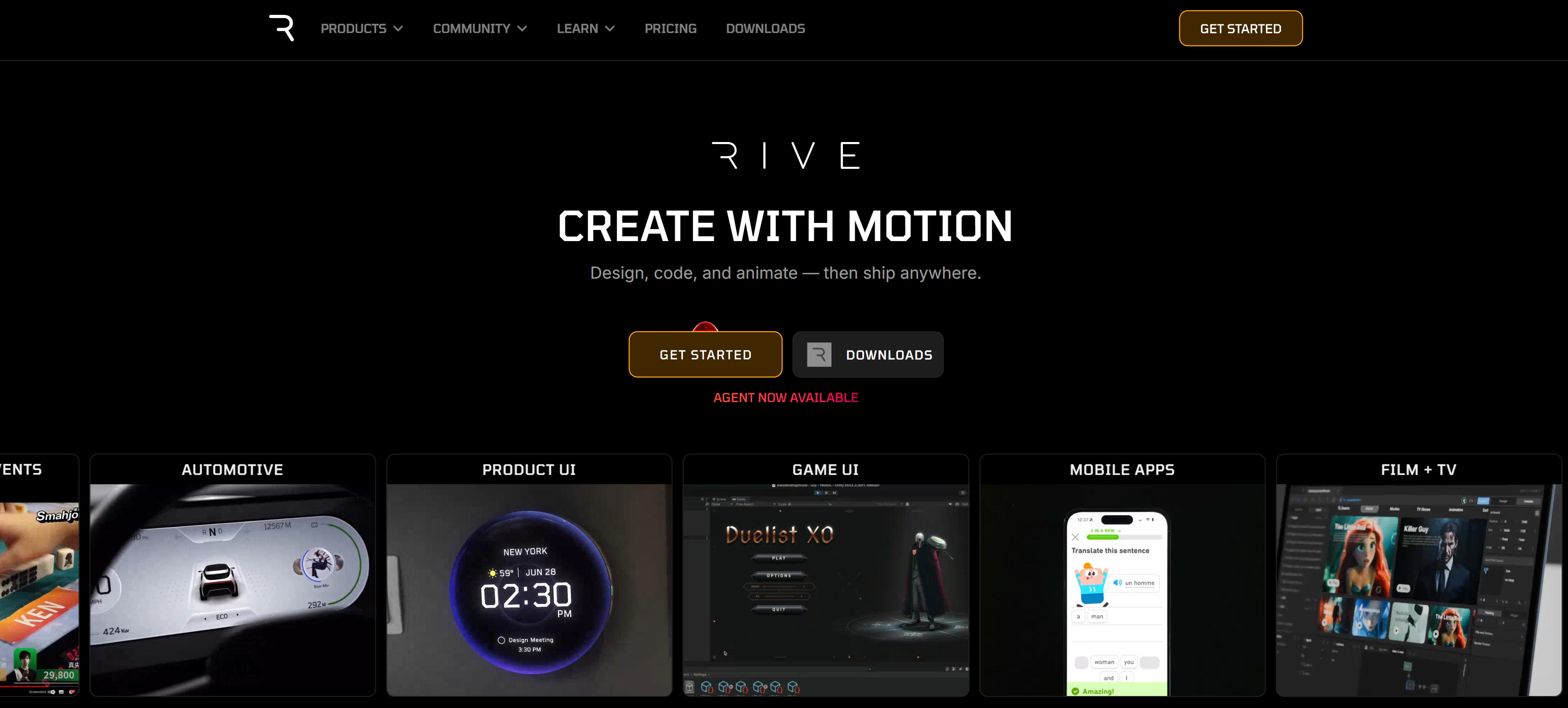 Rive interactive animation platform interface showing real-time editing, state machine controls, and multi-platform animation deployment