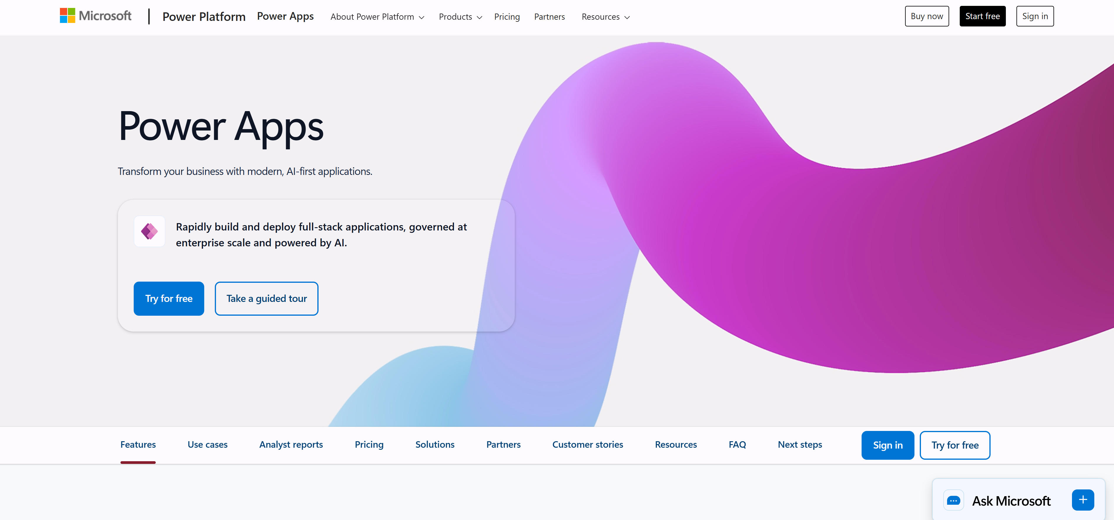 Microsoft Power Apps企业级低代码平台界面，展示AI驱动的开发体验