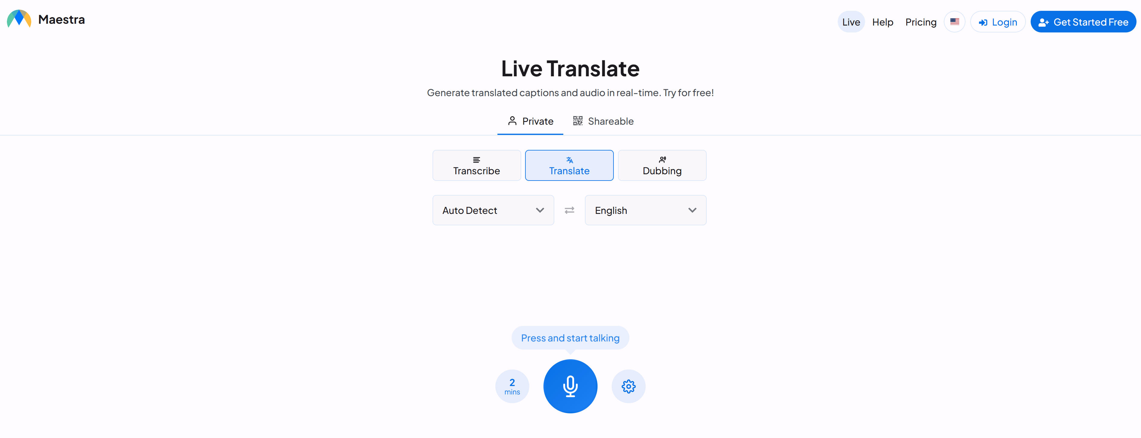 Maestra Live 在线语音翻译工具界面，展示实时翻译和AI语音配音功能
