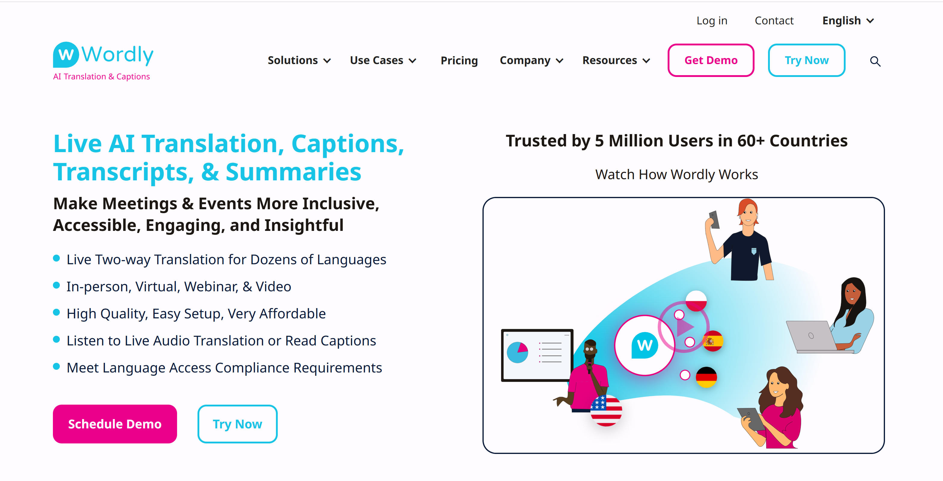 Wordly AI会议翻译平台界面，展示实时翻译、字幕、转录和摘要功能