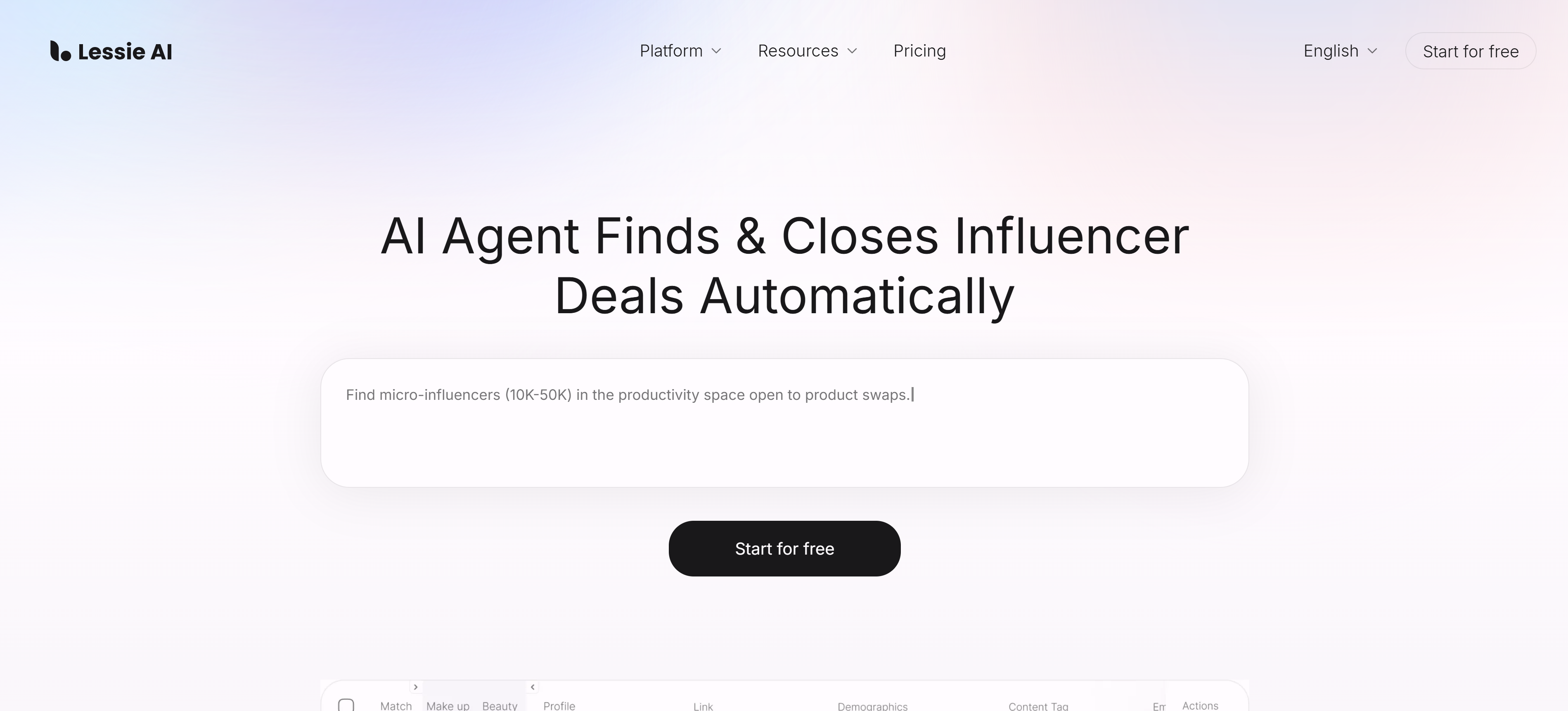 Lessie AI B2B行销工具界面,展示AI Agent B2B客户搜索和智能匹配功能