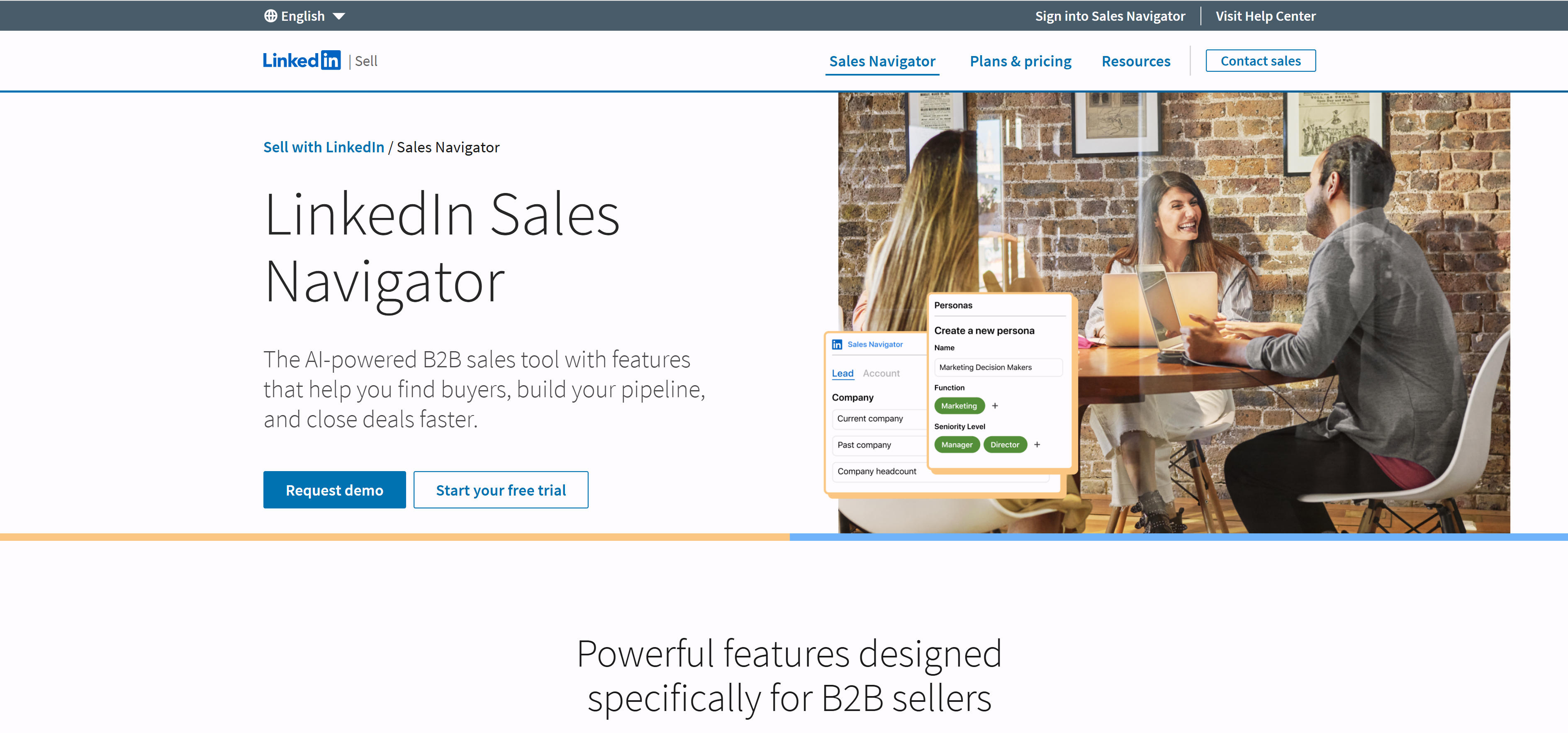 LinkedIn Sales Navigator B2B行销工具界面,展示社交销售和高级搜索功能