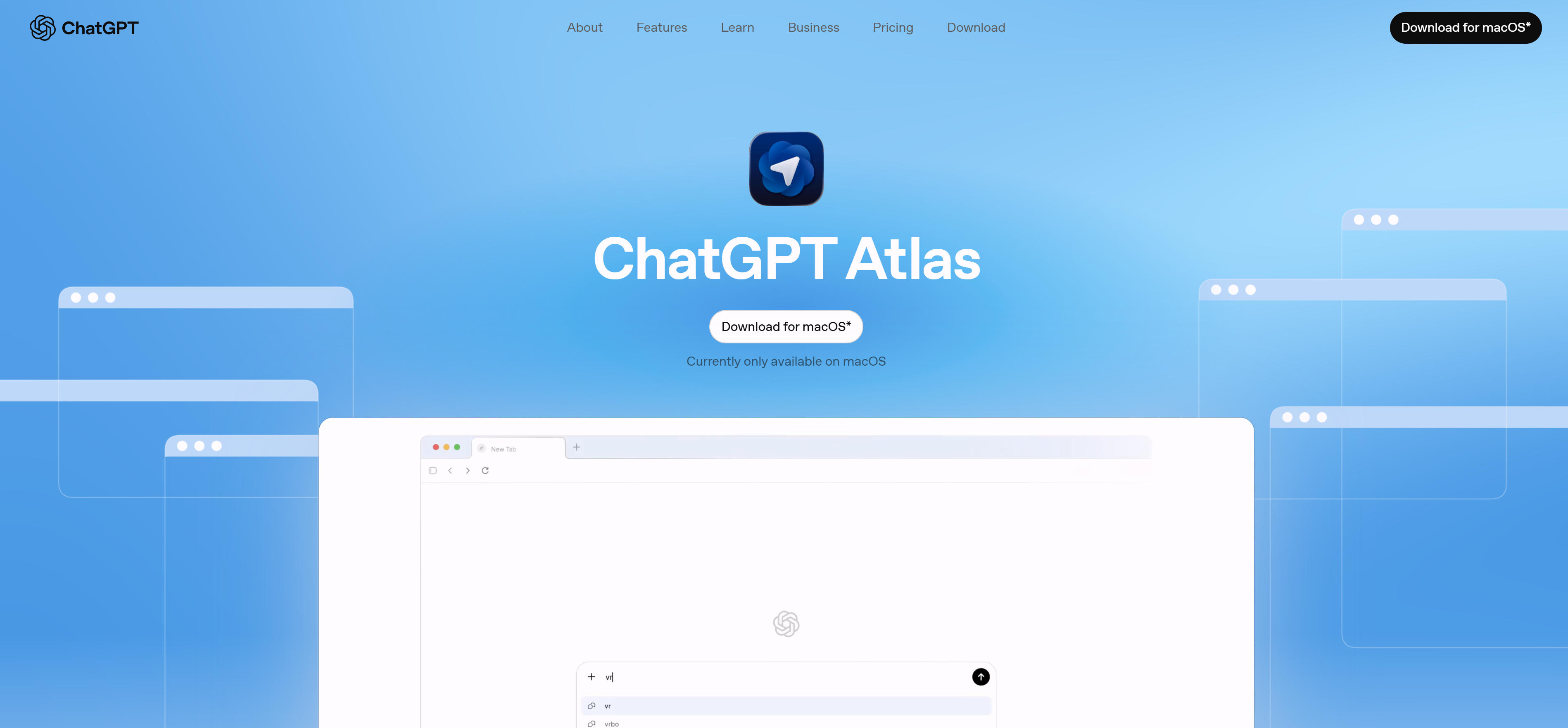 ChatGPT Atlas AI浏览器界面,展示对话式浏览和智能任务执行功能