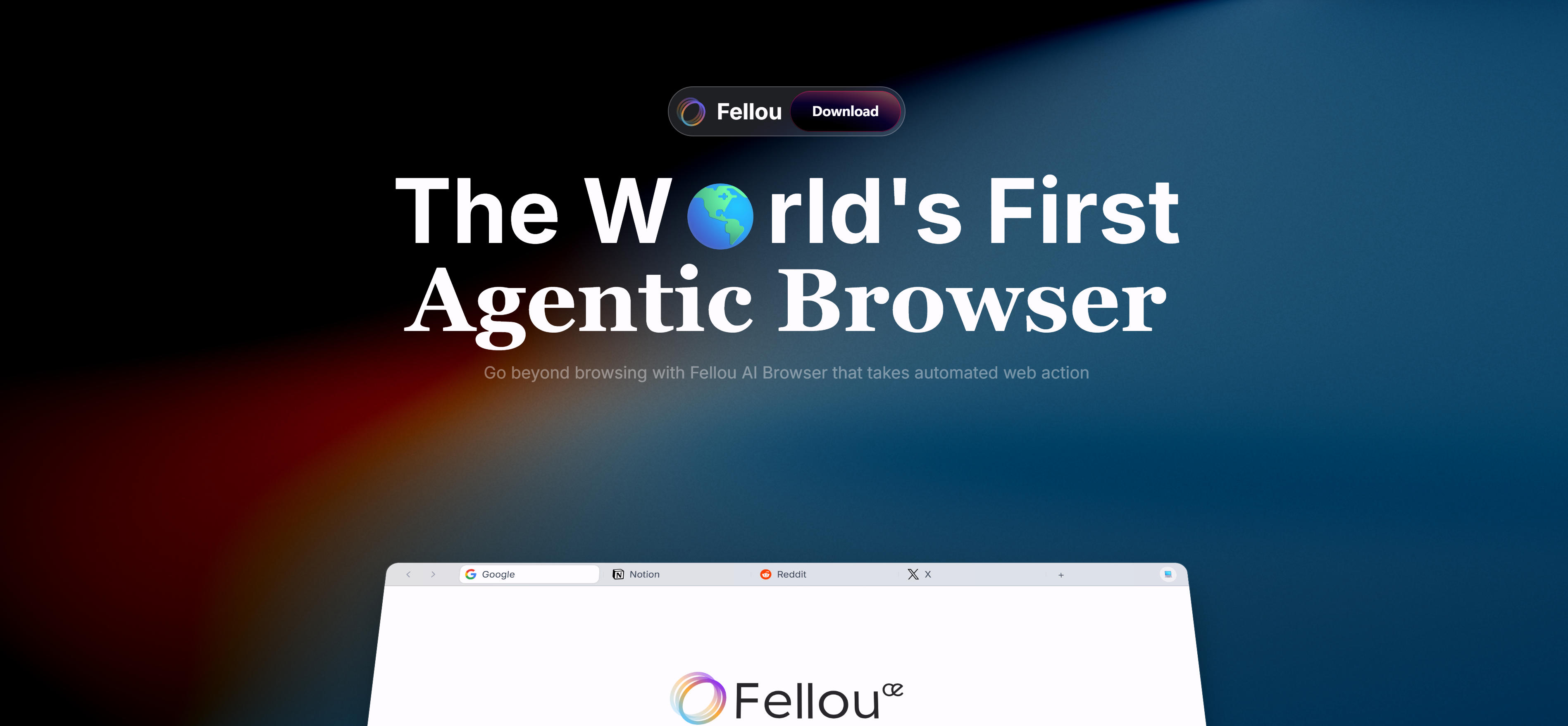 Fellou AI浏览器界面,展示深度行动代理和跨平台自动化功能