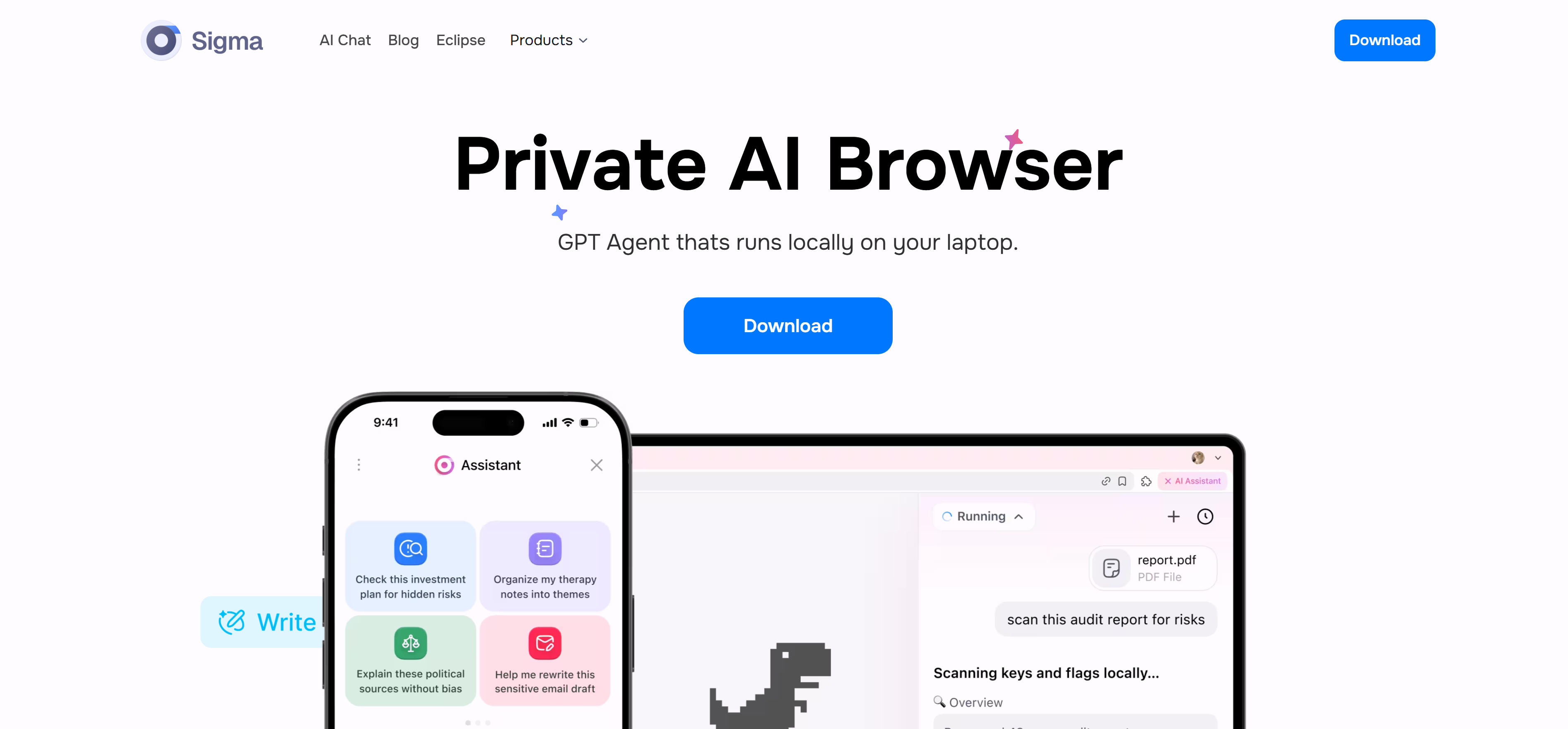 Sigma Browser AI浏览器界面,展示本地AI处理和隐私保护功能