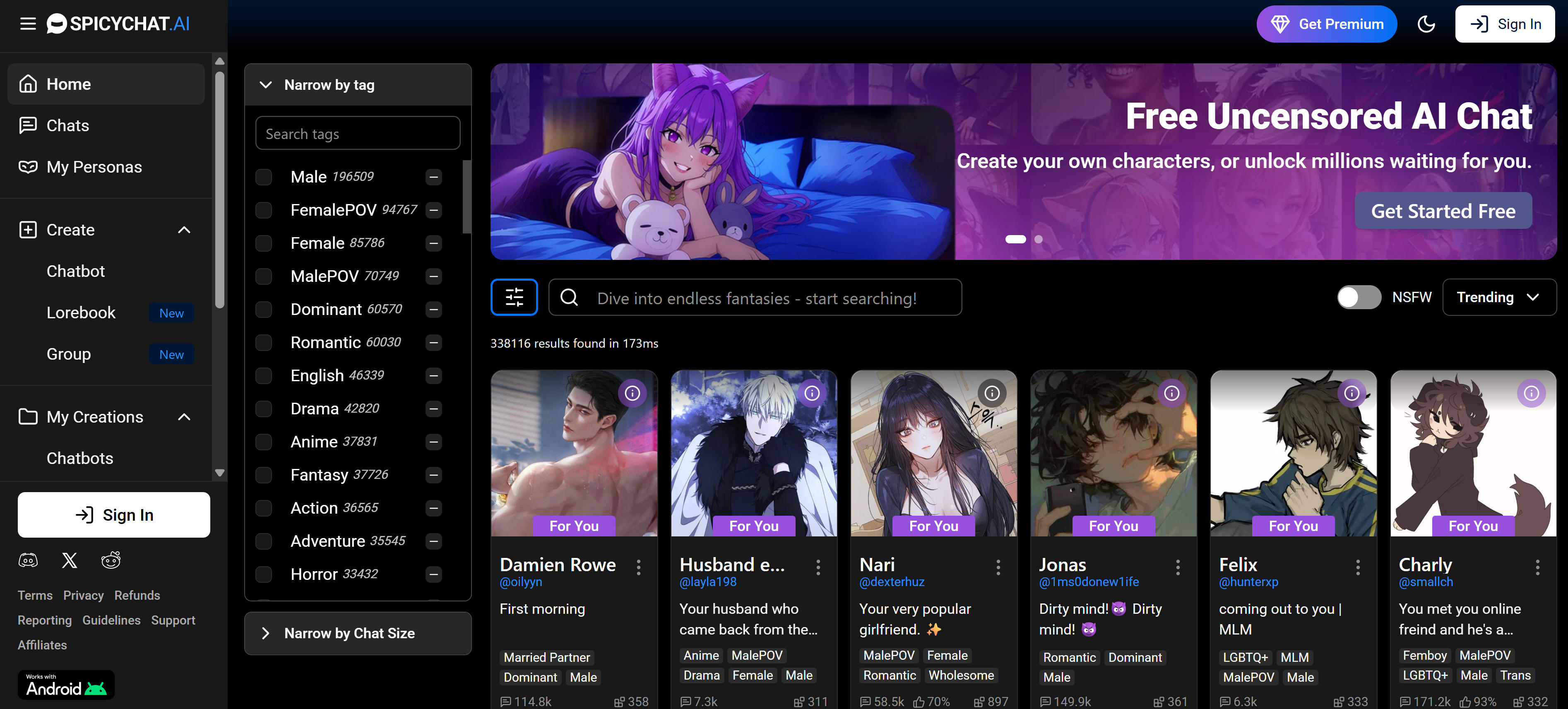 SpicyChat adult AI roleplay platform interface demonstrating NSFW character chat features