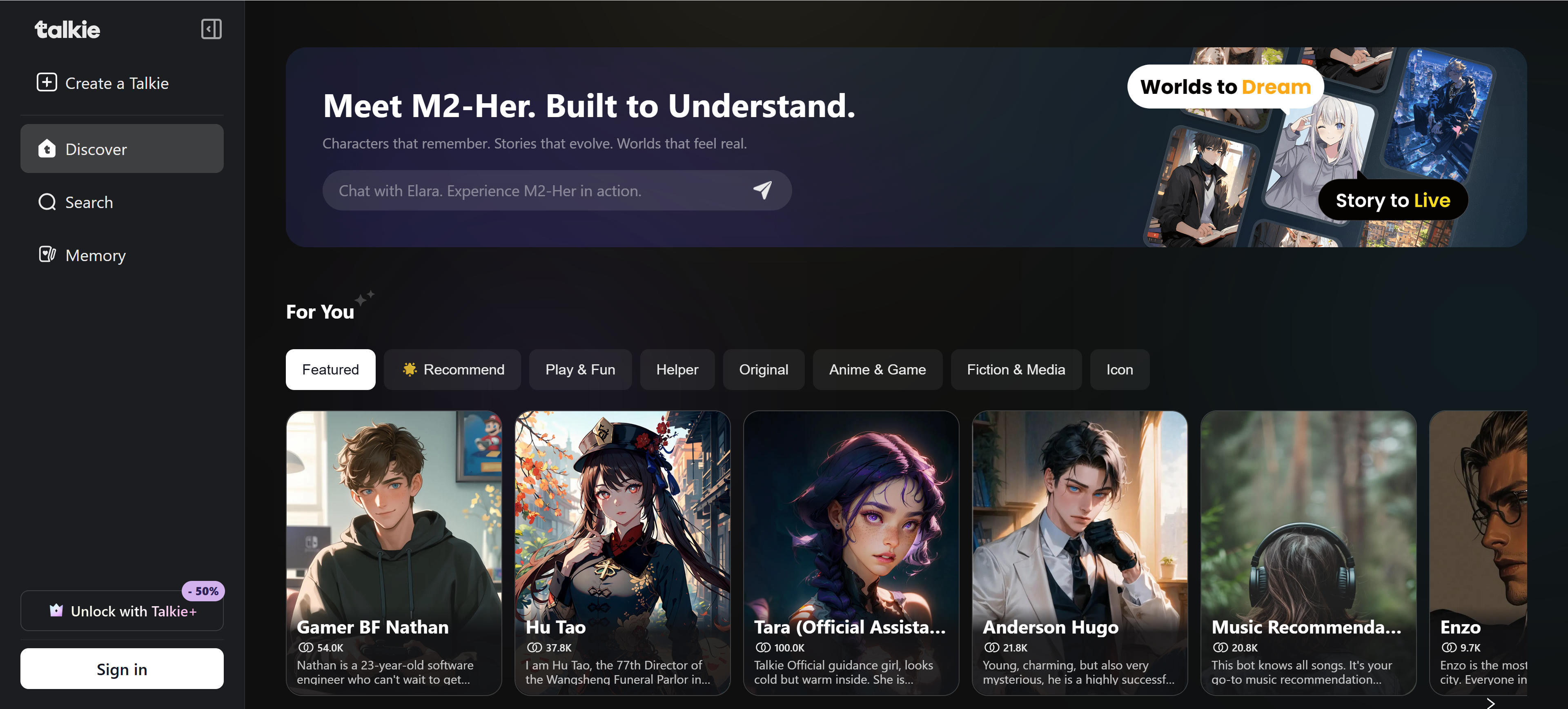 Talkie voice-powered character chat interface showing real-time speech interaction and character role-playing features