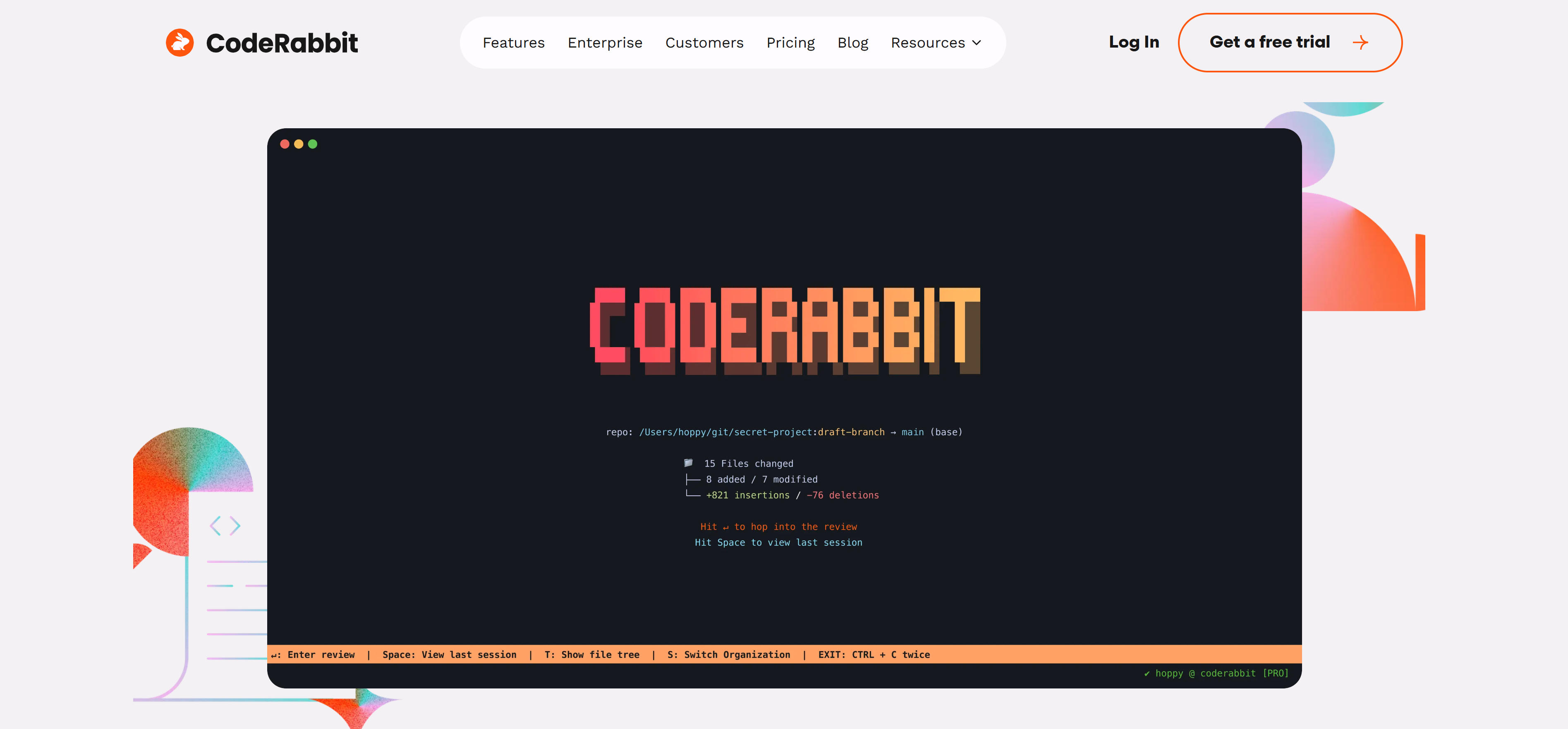 CodeRabbit CLI工具界面,展示AI代码审查工具和提交前审查功能