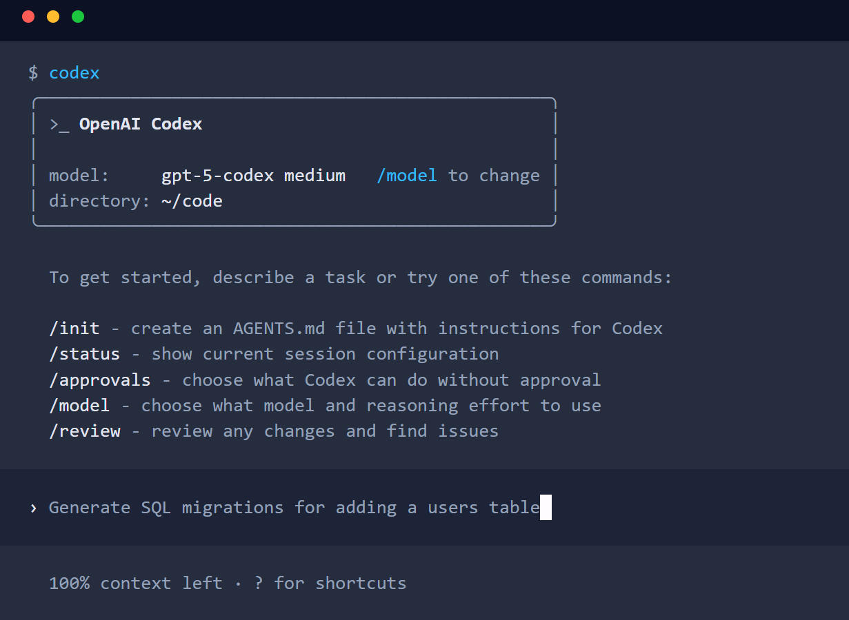 Codex CLI工具界面,展示OpenAI代码生成工具和本地执行功能