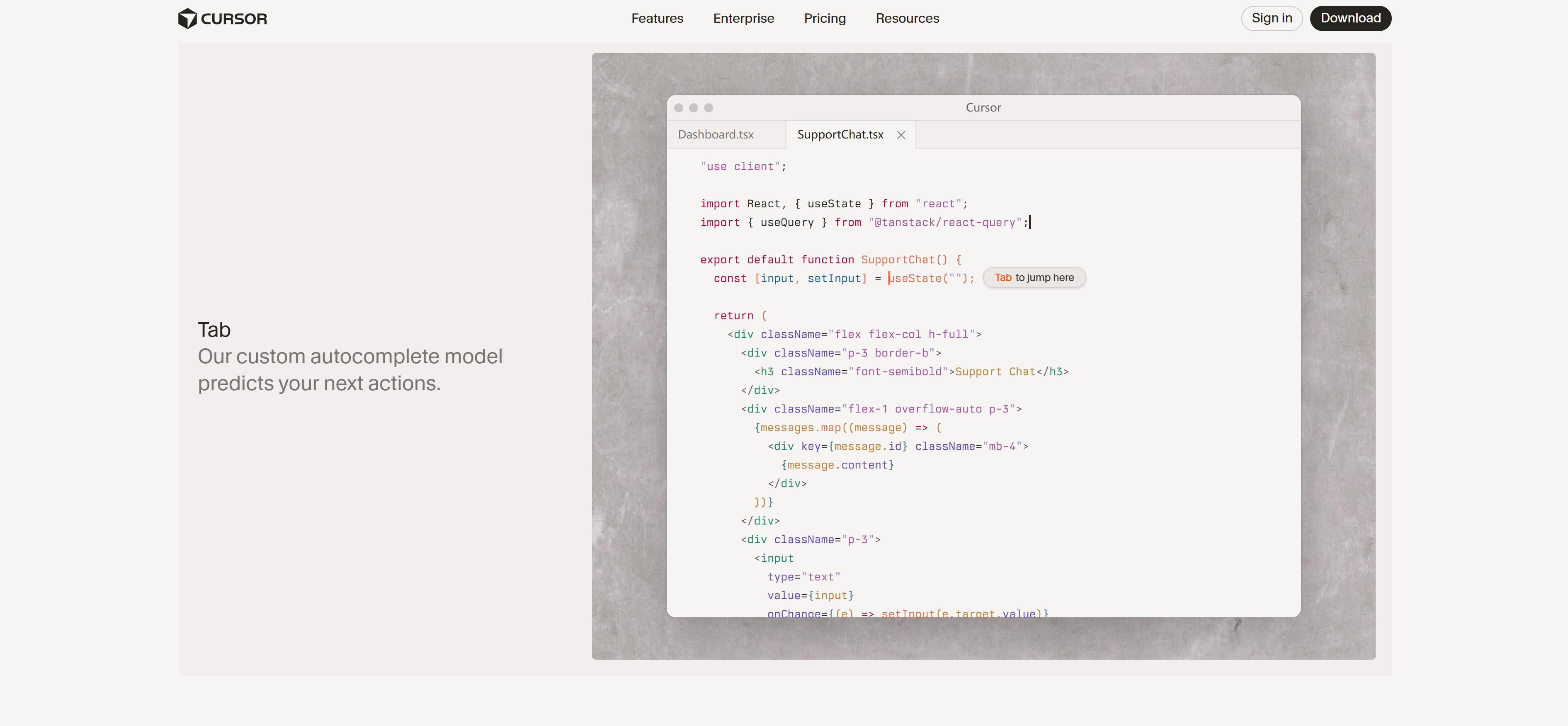 Cursor AI优先编辑器界面，展示Cursor Tab代码补全功能