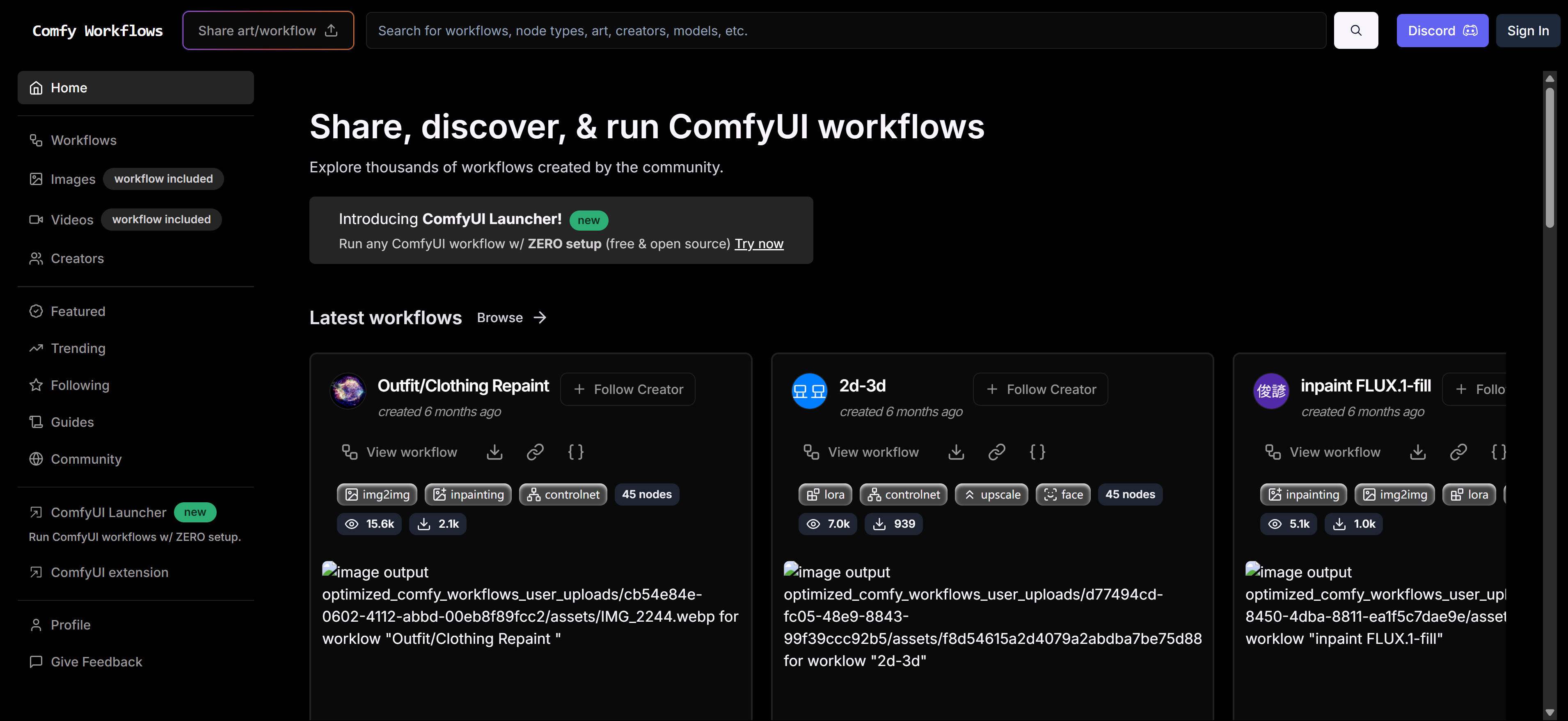 Comfy Workflows工作流分享平台界面截图