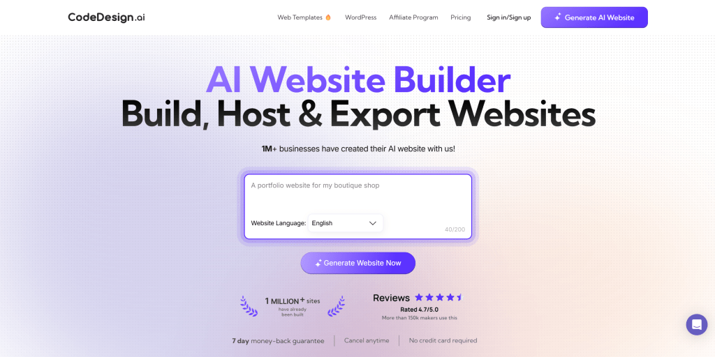 Code Design.ai AI建站工具界面,展示AI辅助编码和代码生成功能