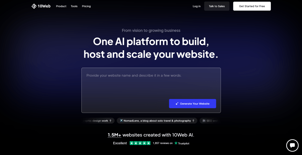 10Web AI建站工具界面,展示WordPress模板克隆和自动化运维功能