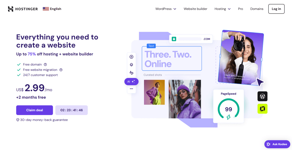 Hostinger AI建站工具界面,展示经济实惠的建站和托管服务