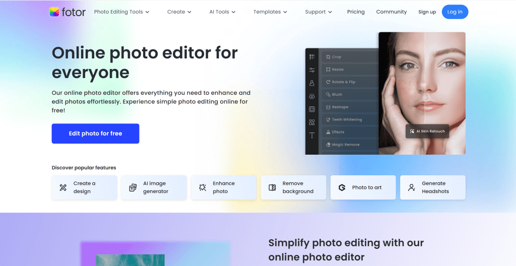 Fotor AI幻灯片生成工具界面,展示图像编辑和设计功能