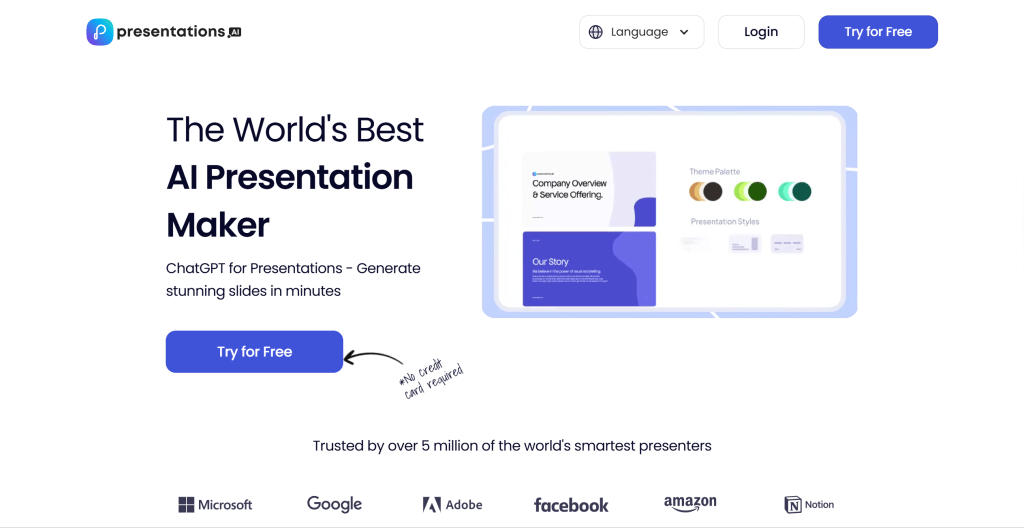 Presentations AI AI幻灯片生成工具界面,展示AI驱动的内容生成和设计优化功能