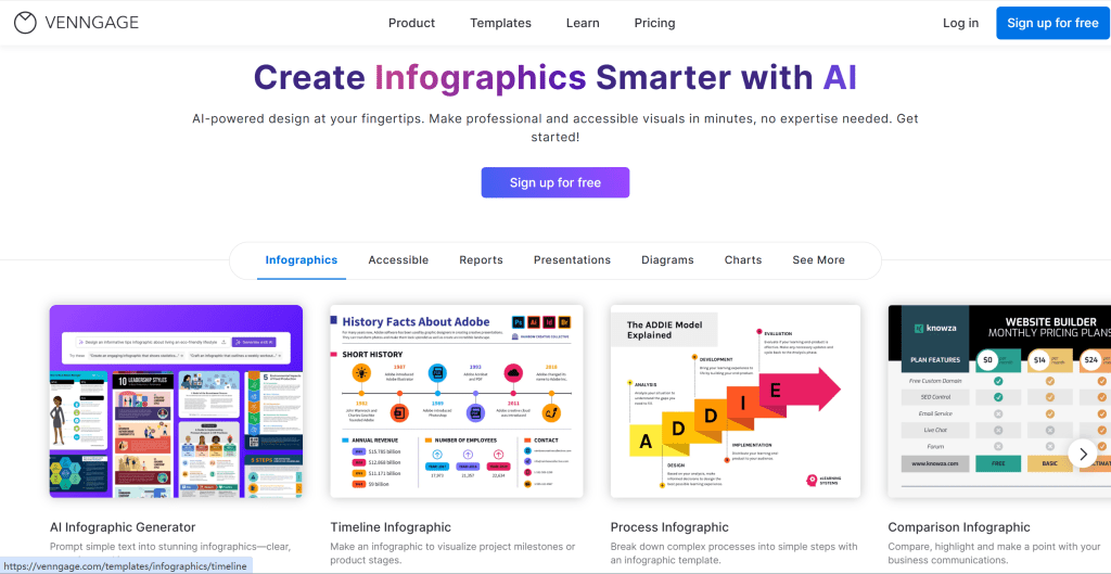 Venngage AI海报生成工具界面,展示易用性和丰富的模板选择功能