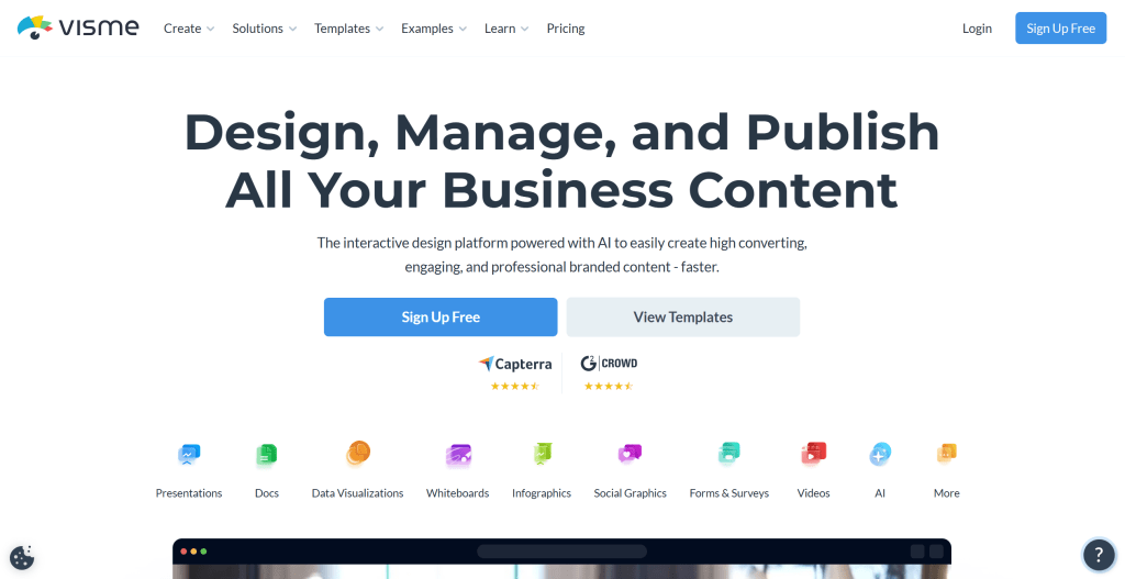 Visme AI海报生成工具界面,展示多功能设计工具和丰富的视觉内容创建功能