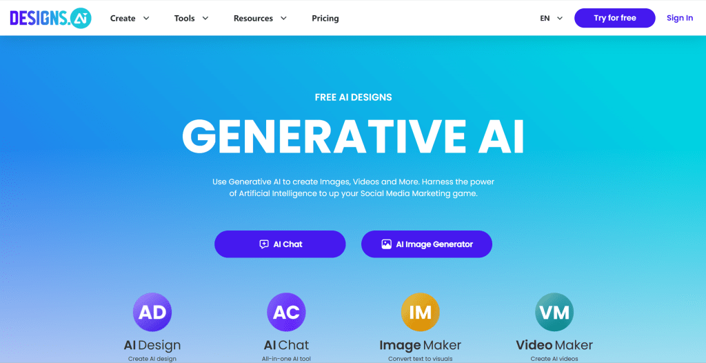 Designs.ai AI海报生成工具界面,展示综合设计平台和海报生成功能