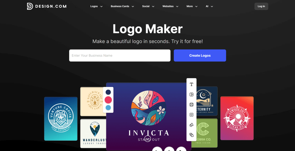 Design.com AI海报生成工具界面,展示简单易用的设计工具和快速创建海报功能