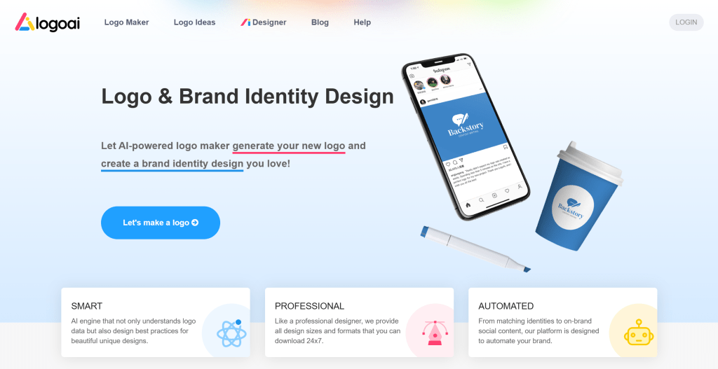 LogoAI AI Logo生成工具界面,展示快速生成专业Logo的功能