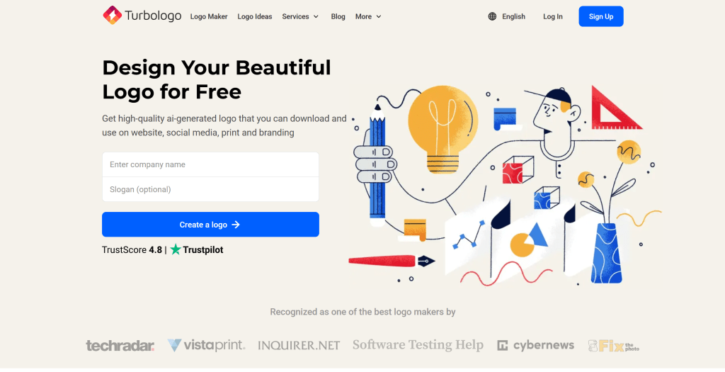 Turbologo AI Logo生成工具界面,展示简单易用的Logo设计功能