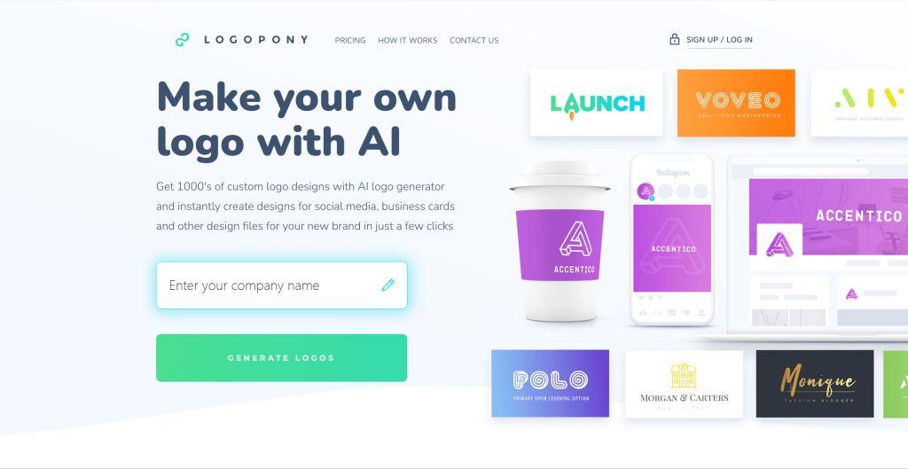 Logopony AI Logo生成工具界面,展示创新的设计选项和品牌指南功能