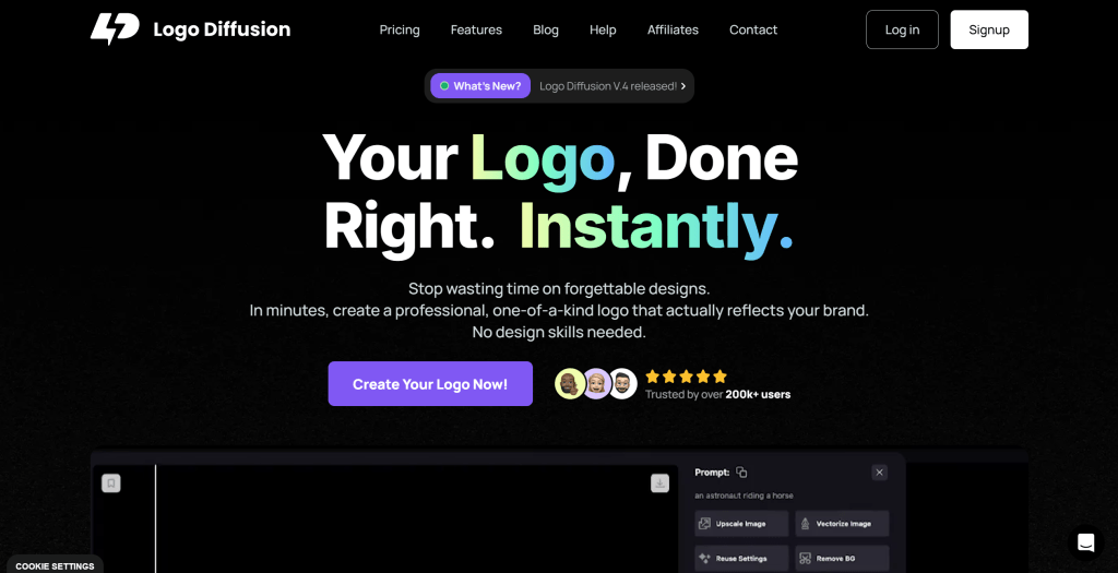 Logo Diffusion AI Logo生成工具界面,展示高质量Logo生成和多种设计风格