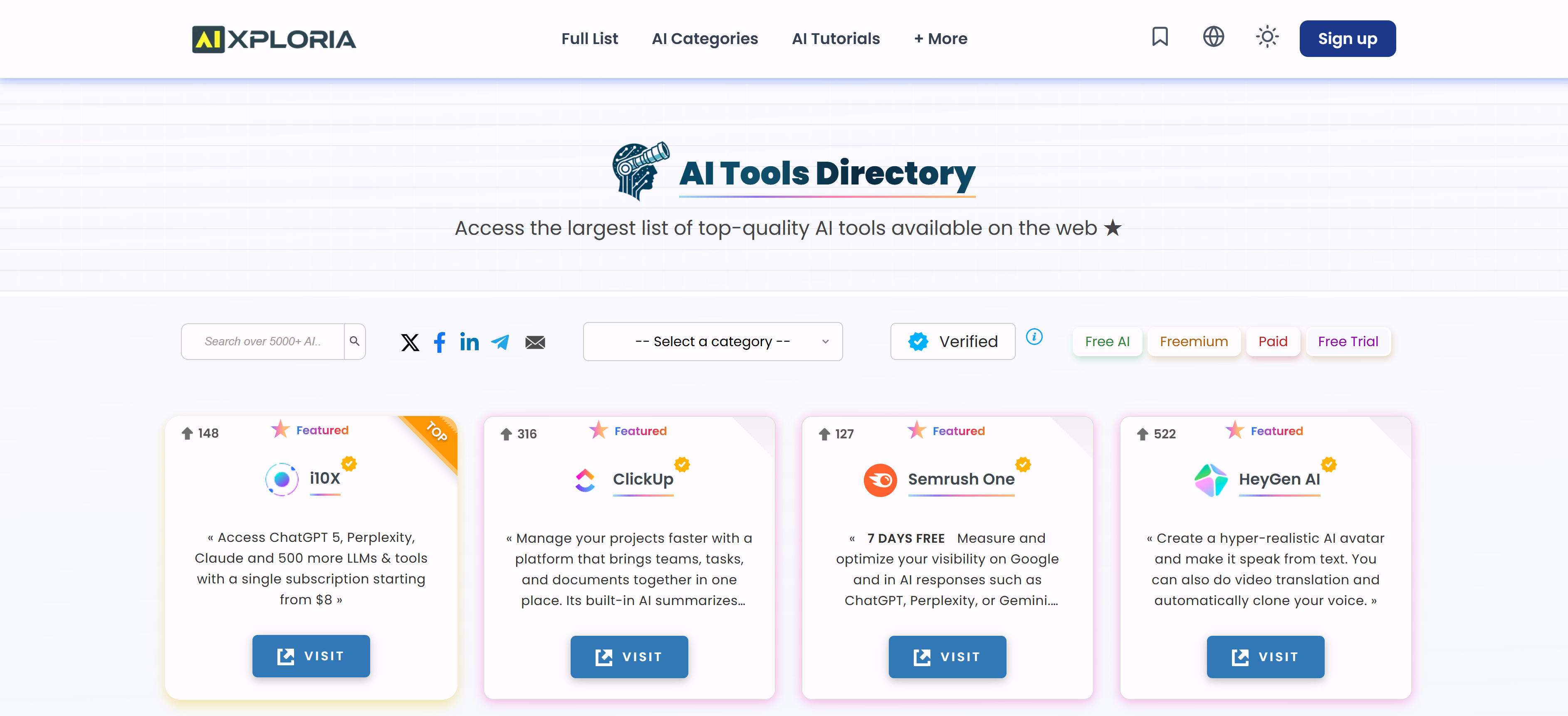 AIxloria comprehensive AI tool navigation platform interface with multi-language support and global coverage