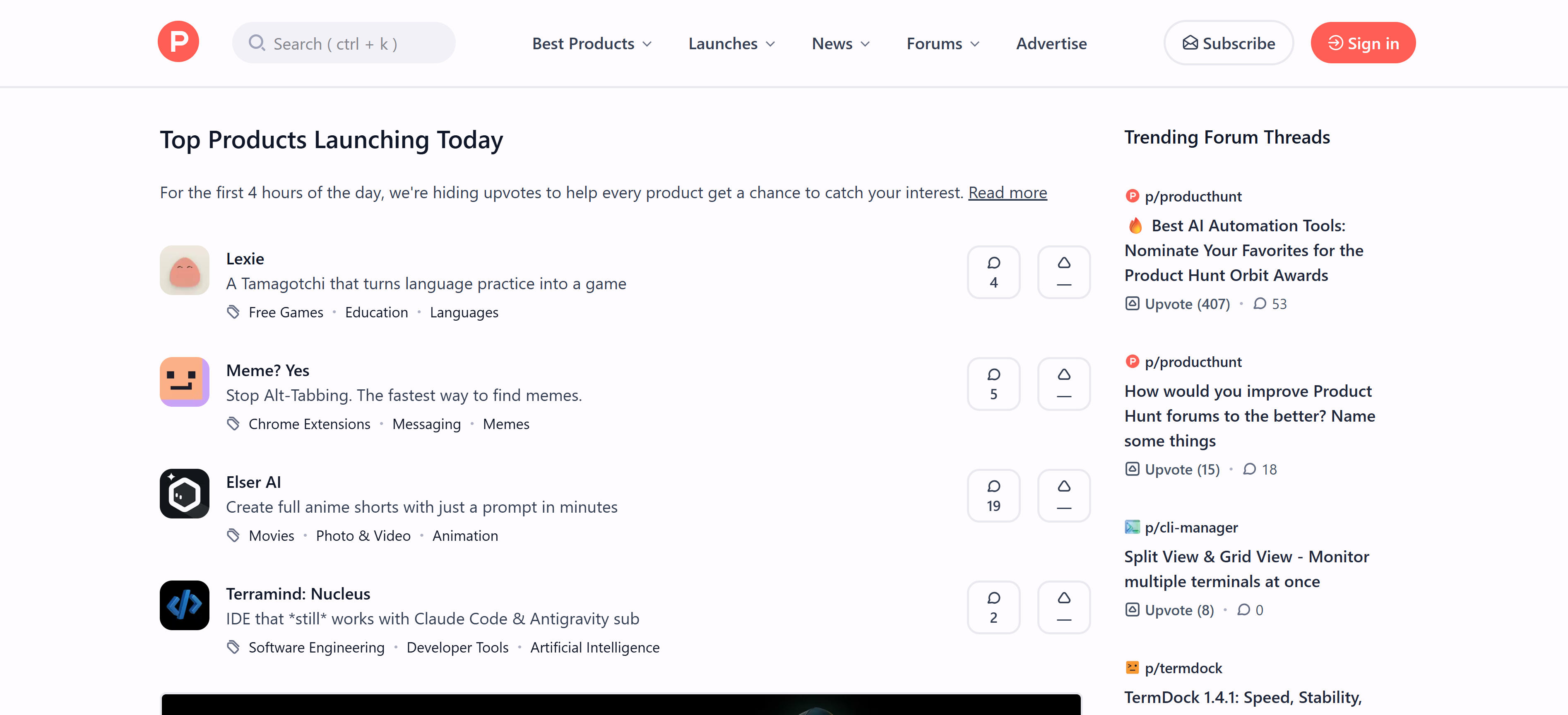 Product Hunt AI product discovery community interface featuring daily product recommendations and community voting