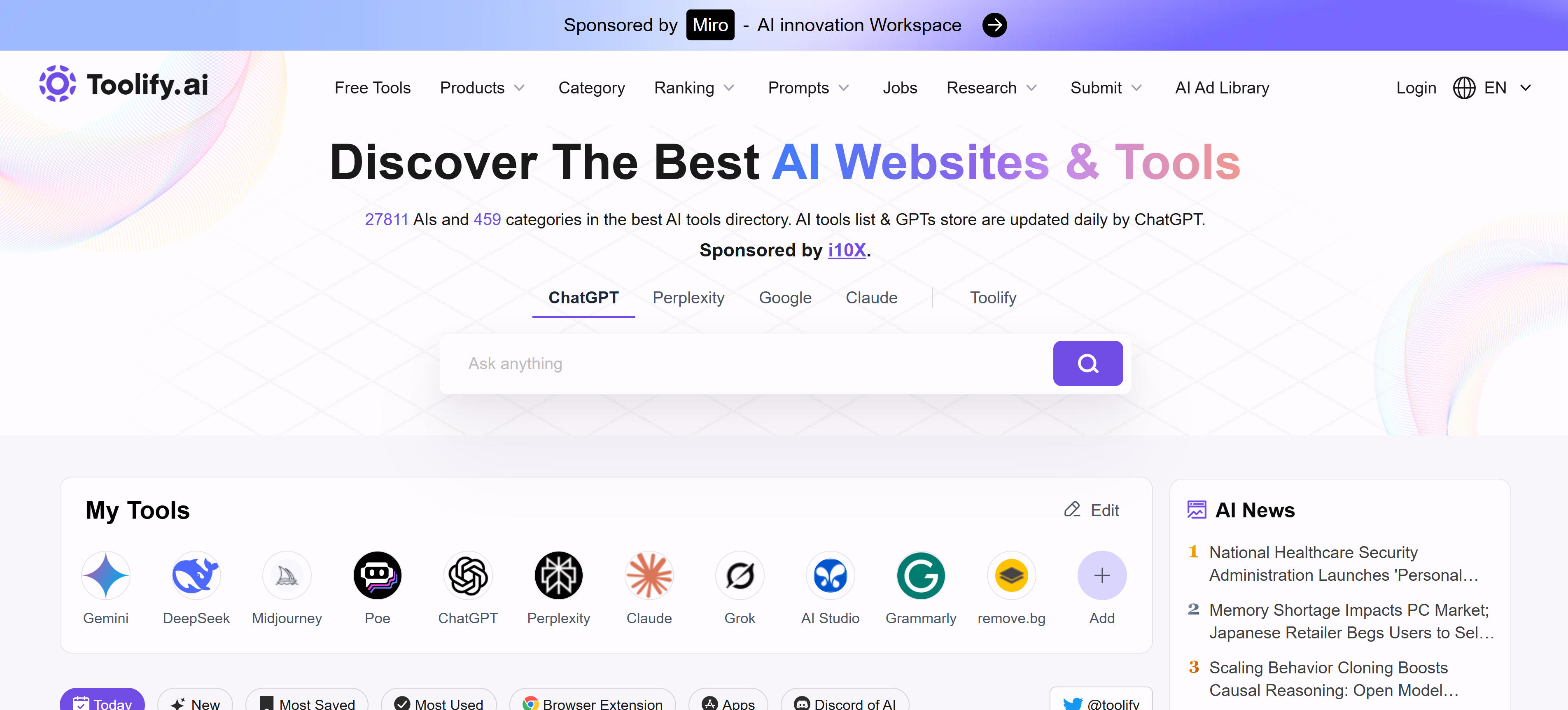 Toolify AI tool aggregation platform interface displaying tool search and categorization features