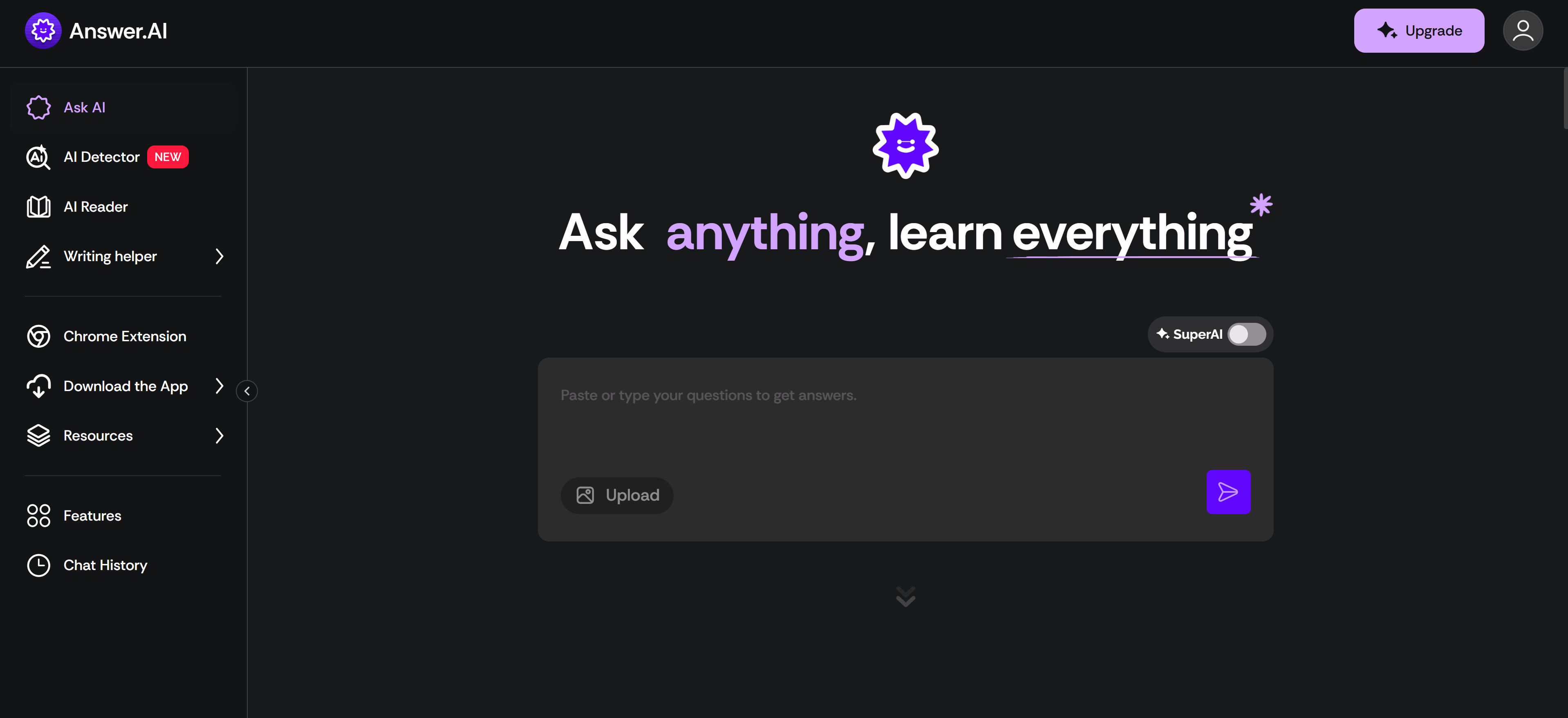 Answer AI学习平台界面，展示全科辅导和写作建议功能
