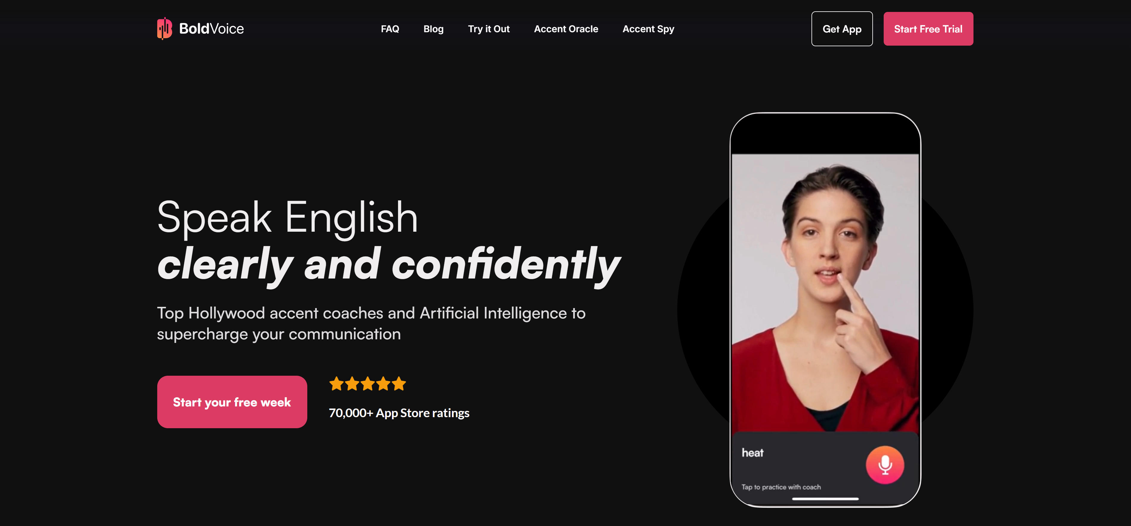 BoldVoice发音训练工具界面，展示专业发音分析和纠正功能