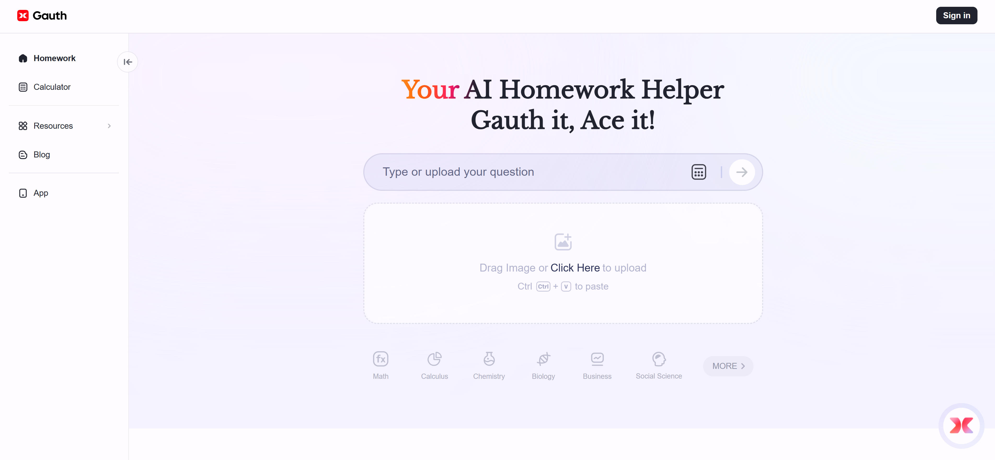 Gauth数学AI工具界面，展示拍照解题和步骤详解功能