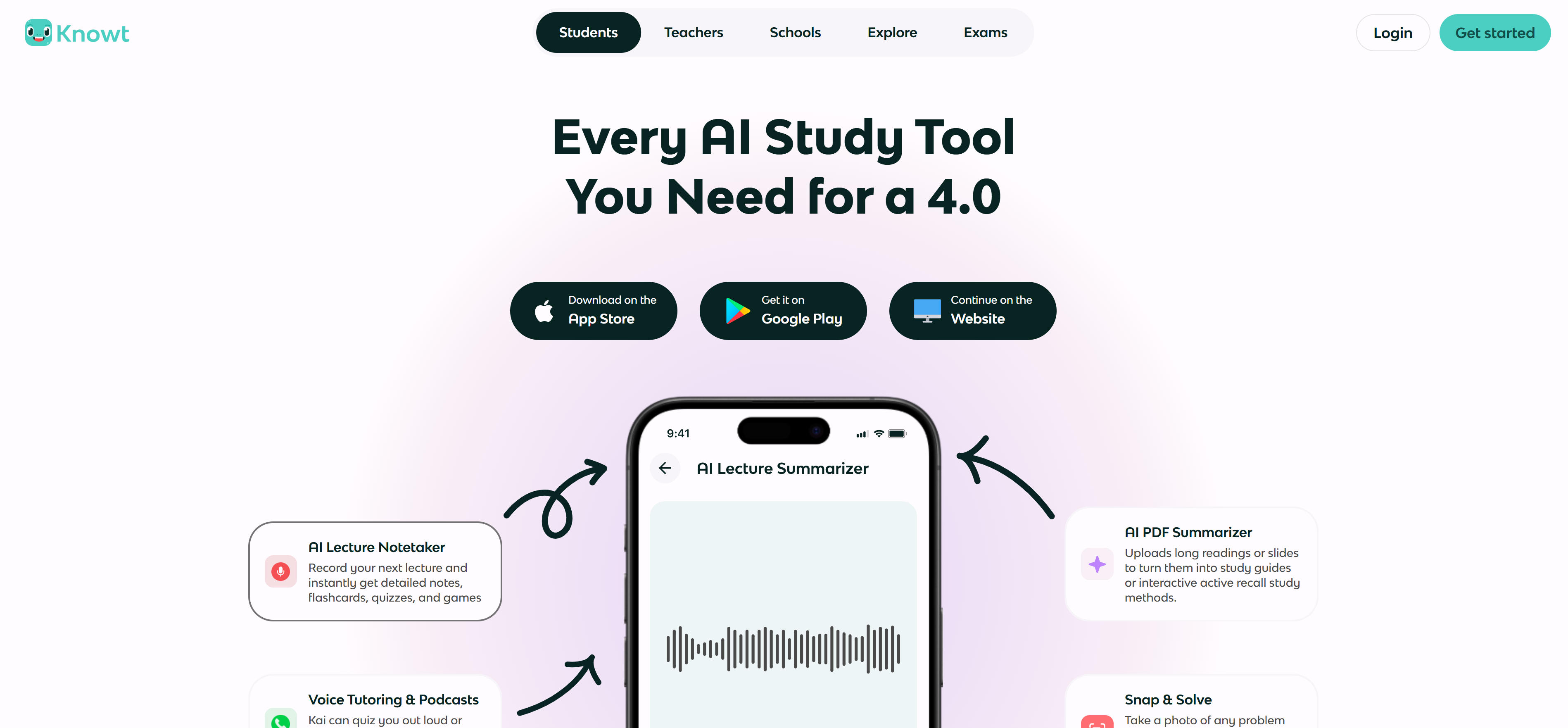 Knowt学习工具界面，展示笔记转录和抽认卡生成功能
