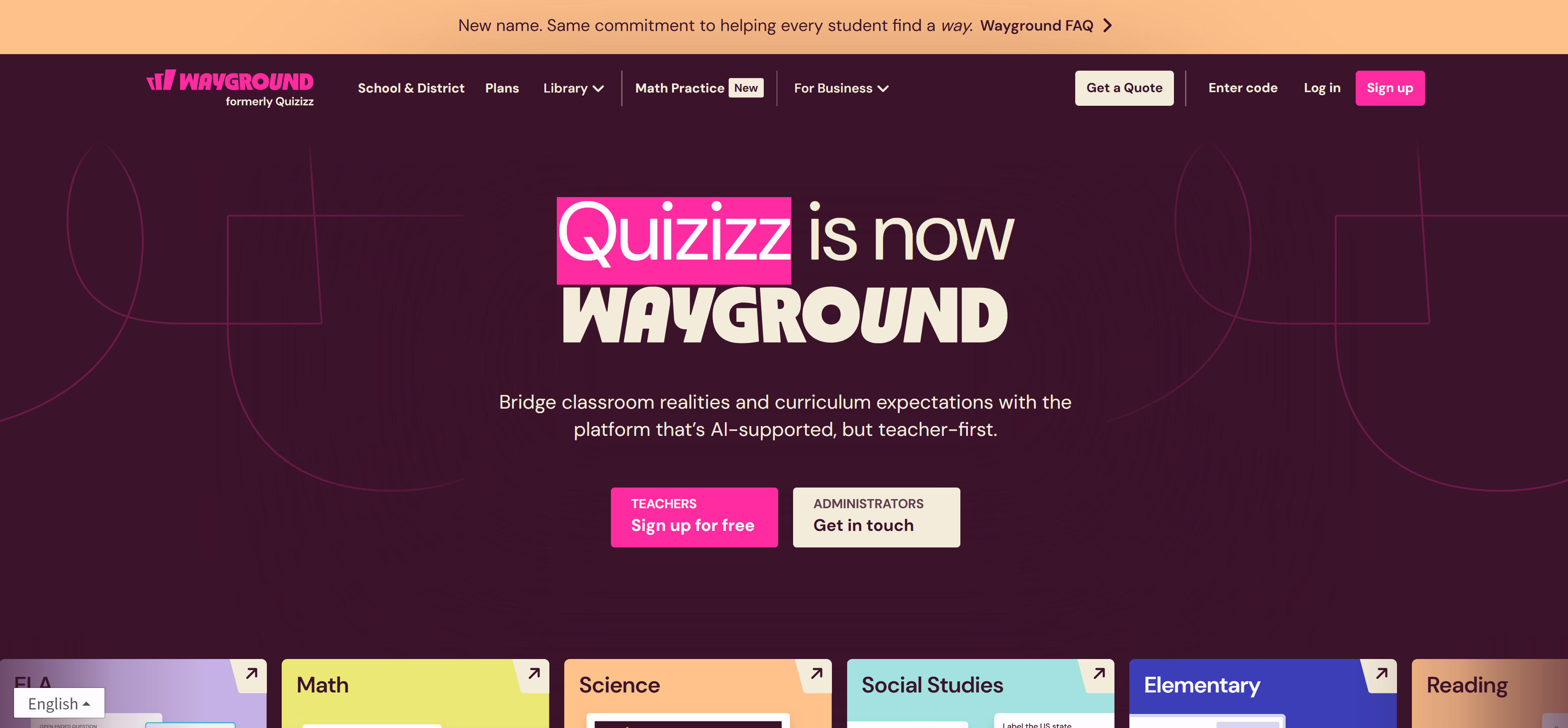 Wayground互动课堂工具界面，展示测验创建和学生分析功能