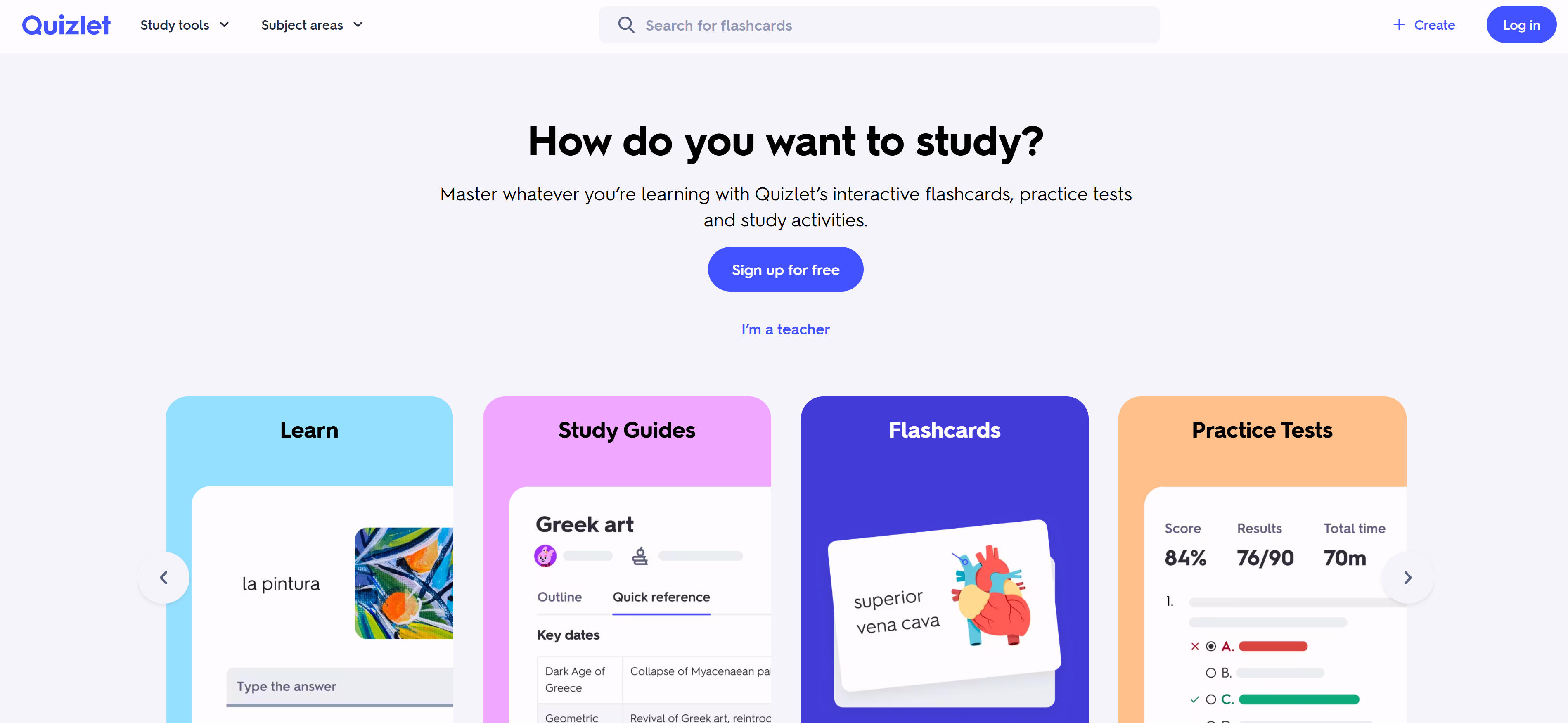 Quizlet学习平台界面，展示抽认卡和学习游戏功能