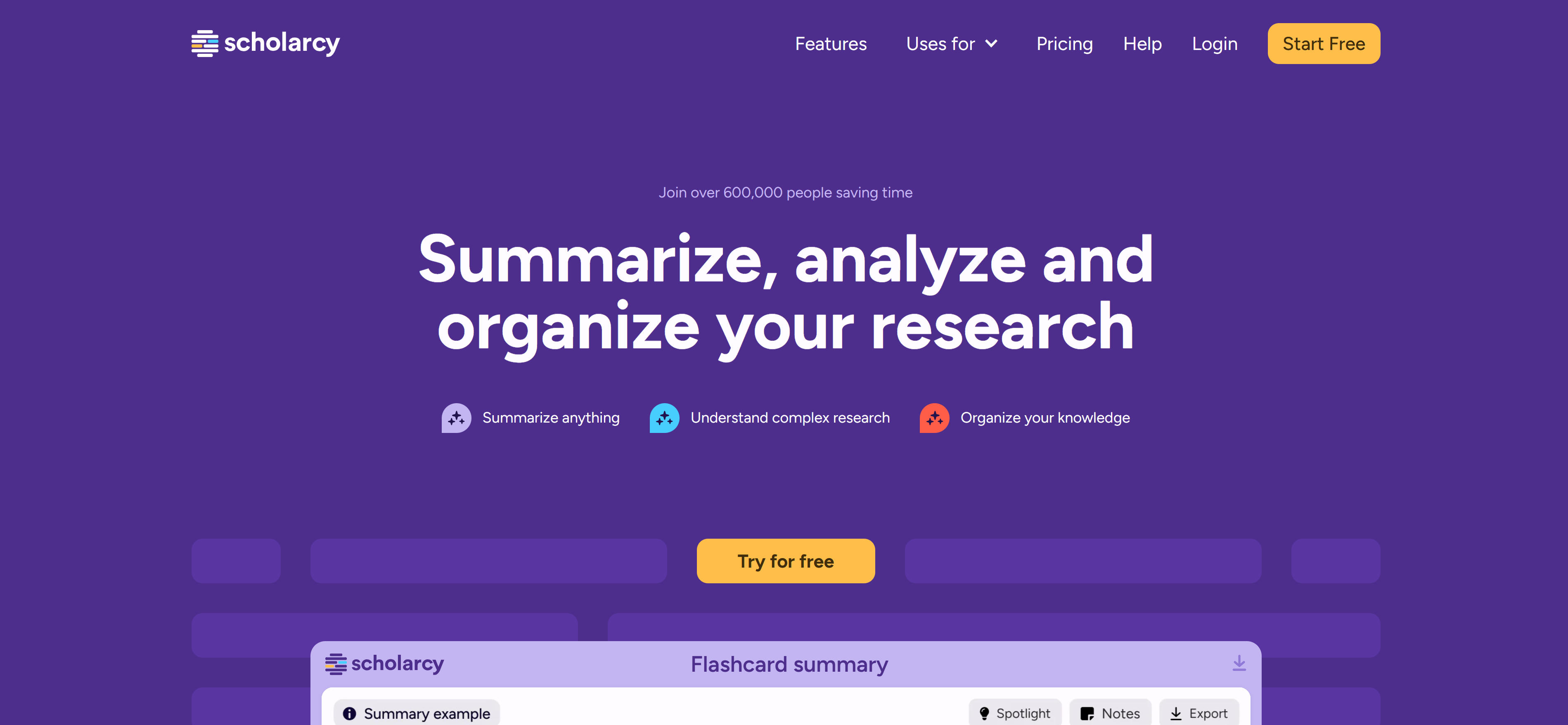 Scholarcy学术工具界面，展示论文摘要和抽认卡生成功能
