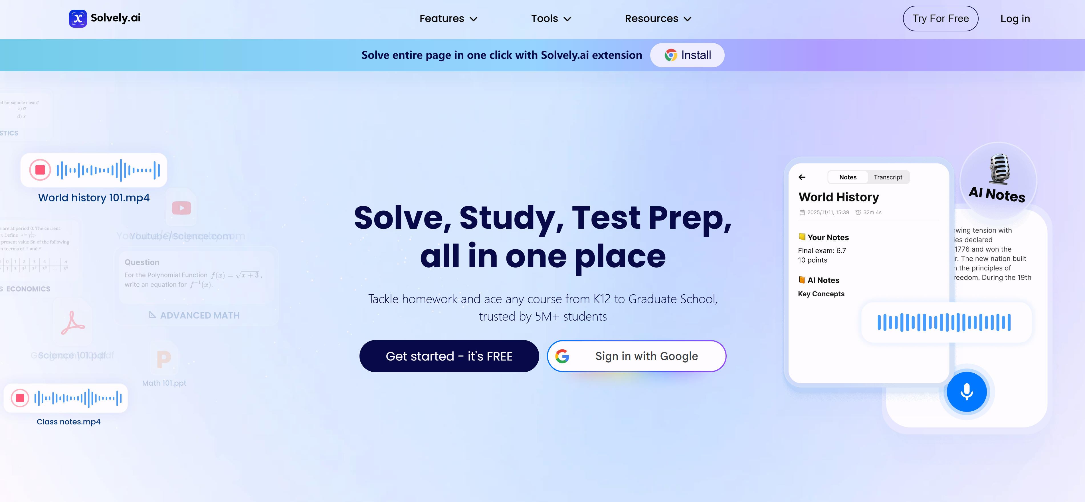 Solvely AI解题工具界面，展示拍照作业解答功能