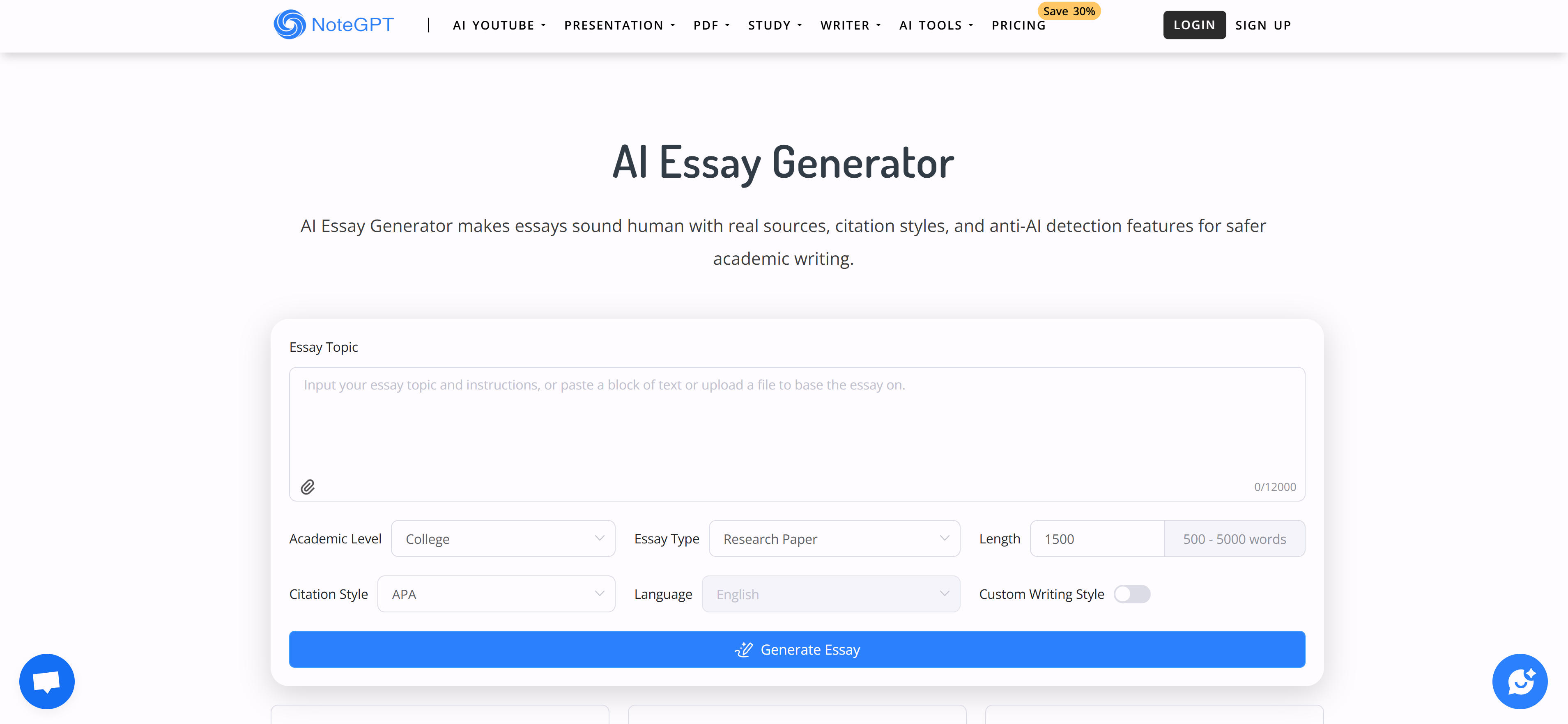 NoteGPT免费AI论文生成工具界面，展示快速论文生成功能