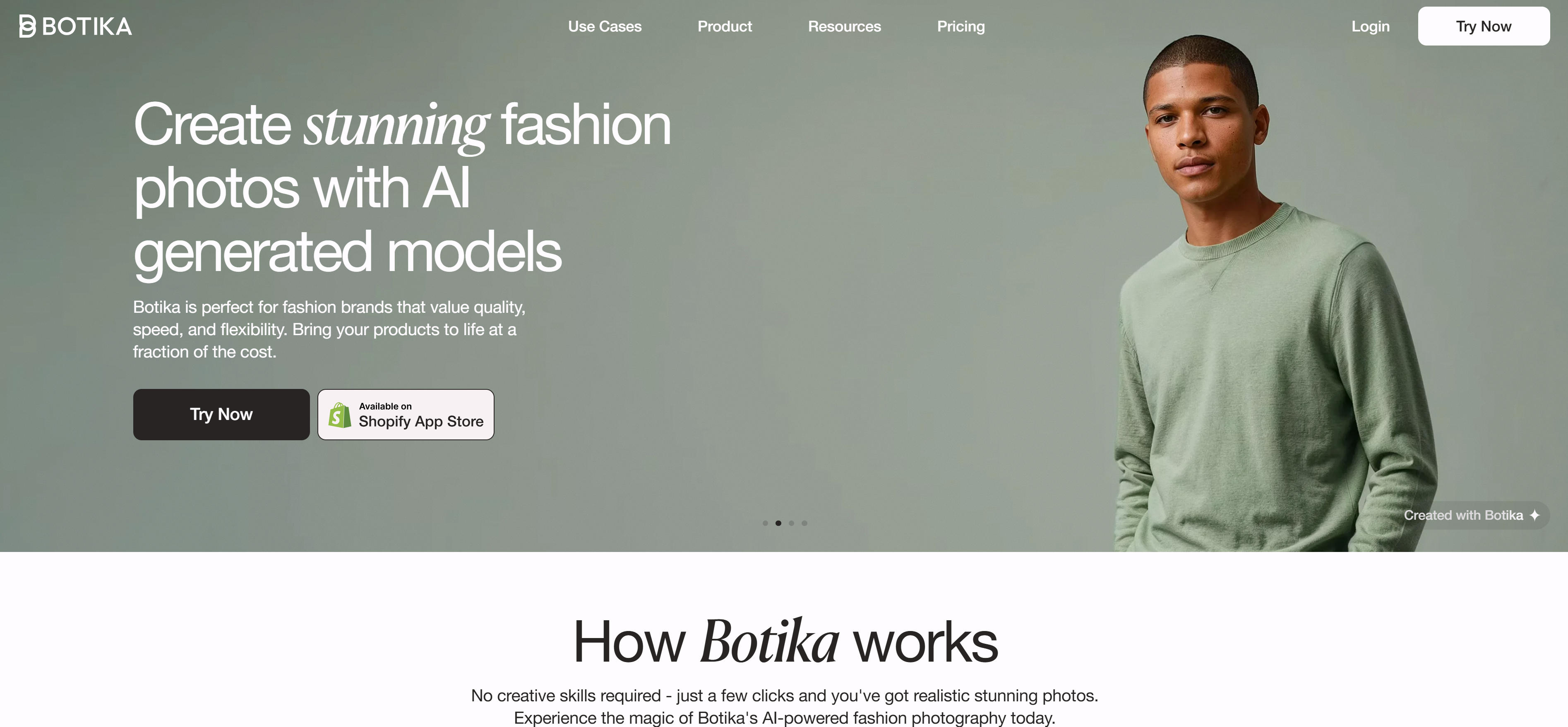 Botika AI时尚模特生成平台界面，展示生成式AI模特照片功能