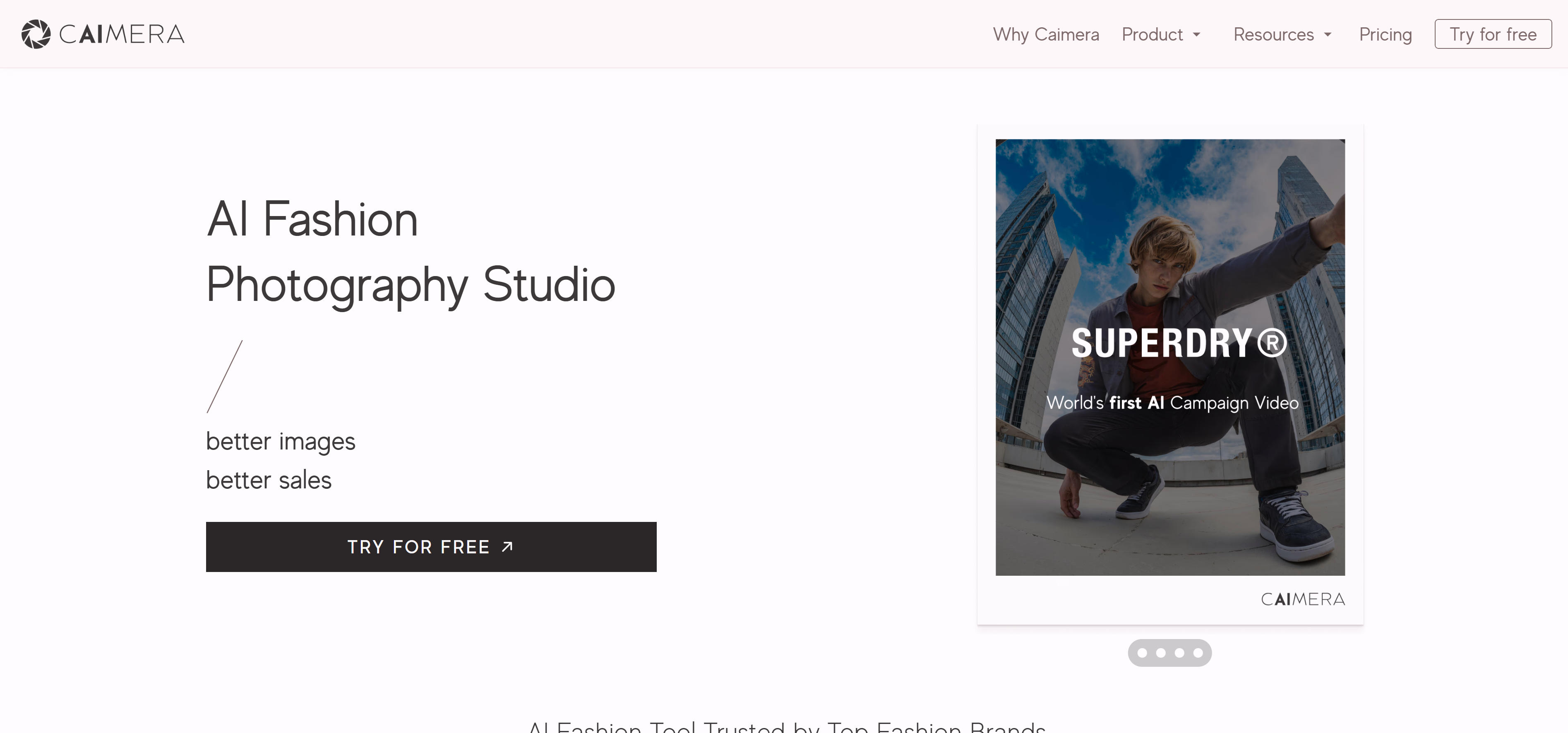 Caimera生成式时尚模特工具界面，展示AI生成营销和广告模特功能