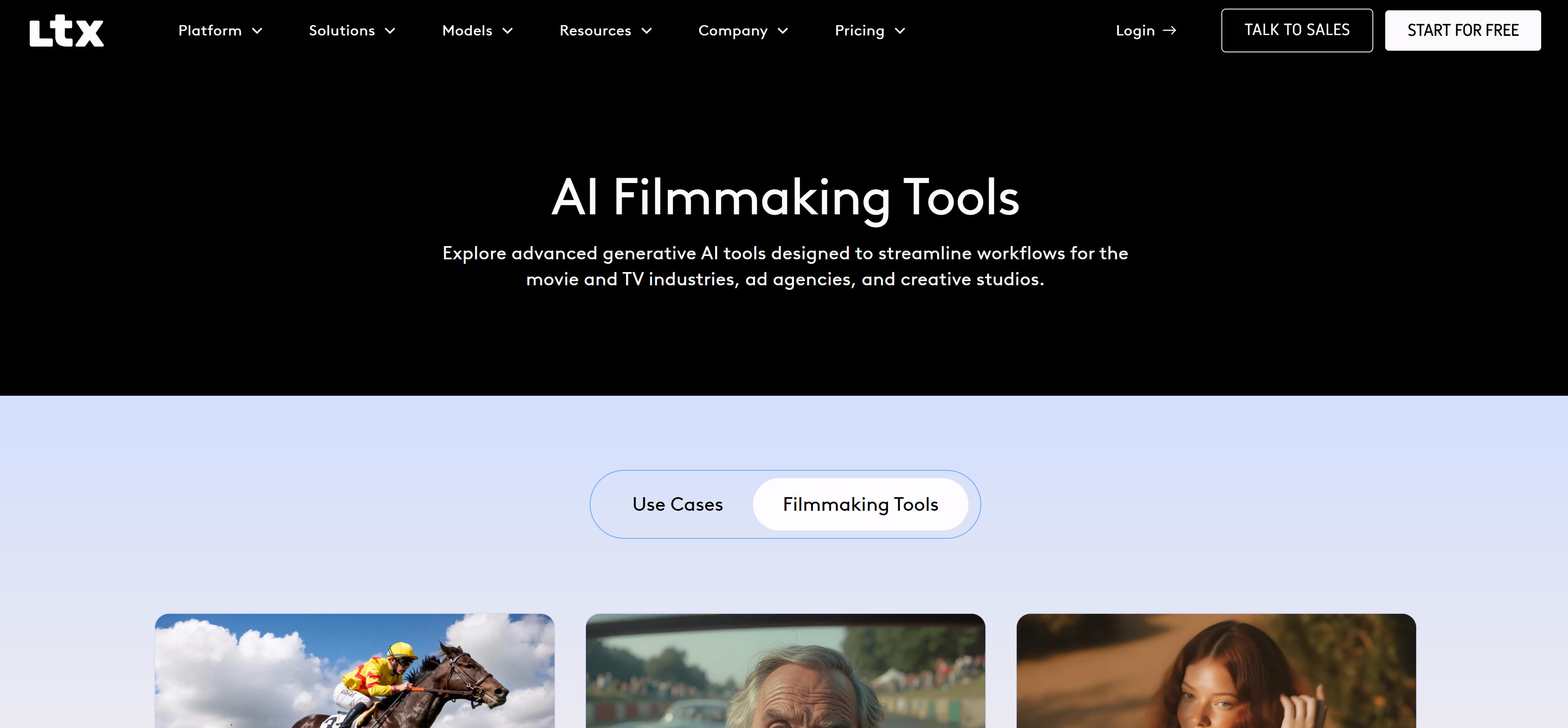 LTX Studio AI电影制作工具套件界面,展示脚本到视频和故事板生成功能